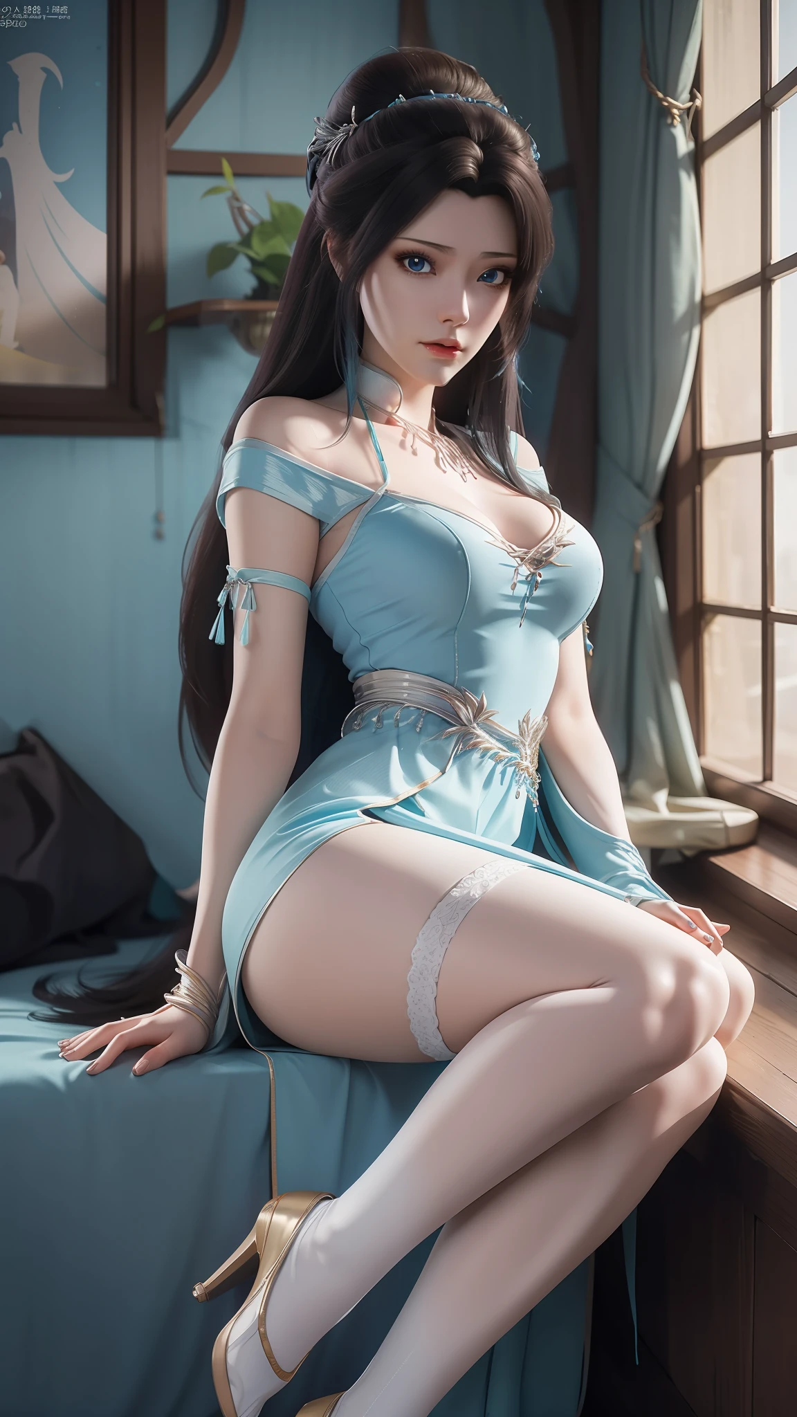 Arad woman in blue dress sitting on windowsill, cute anime waifu in a nice dress, trending on cgstation, 8K high quality detailed art, anime barbie in white stockings, highly detailed exquisite fanart, Extremely detailed Artgerm, the anime girl is crouching, flowing magical robe, beautiful and seductive anime woman, WLOP and Sakimichan