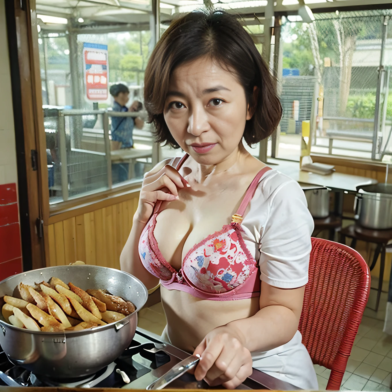 ((top-quality、8K分辨率、Master masterpiece、Portrait:1.3)), Photorealsitic, 35㎜ film, 1 Japan Woman, Beautie, 47 years old, Shorthair, Wrinkles at the corners of the eyes, Plump body, ((bra very :1.5)) , (Takoyaki、cafeteria: 1.3), Jumbled background, Beautiful shading, cooking a,