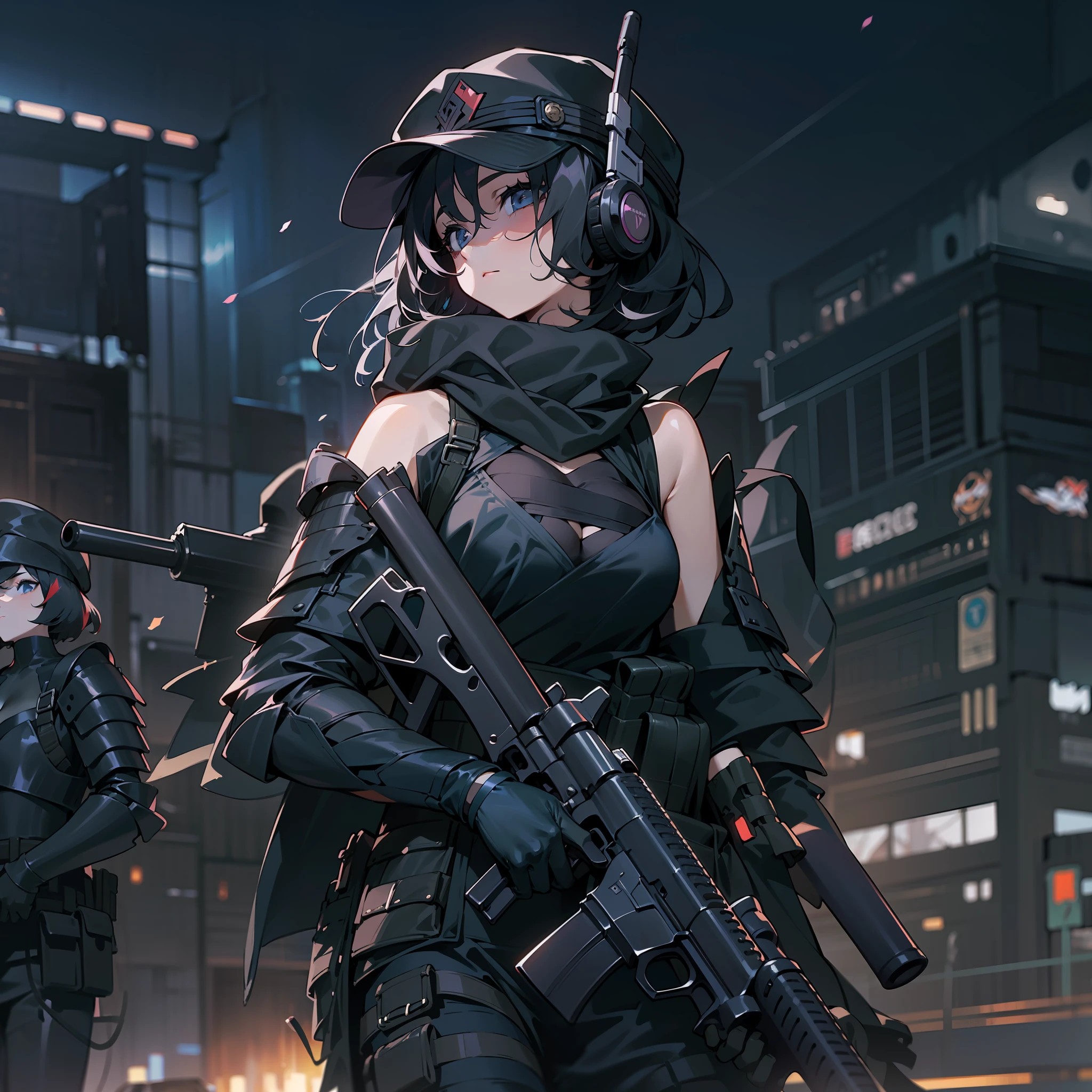 "(tmasterpiece,best qualtiy,style of anime,a sense of atmosphere,karo,nigth)+(s girl,black color hair,Black cap,Black body armor,Wear tactical headsets,Firearms,closeup cleavage)(The background is nighttime)"