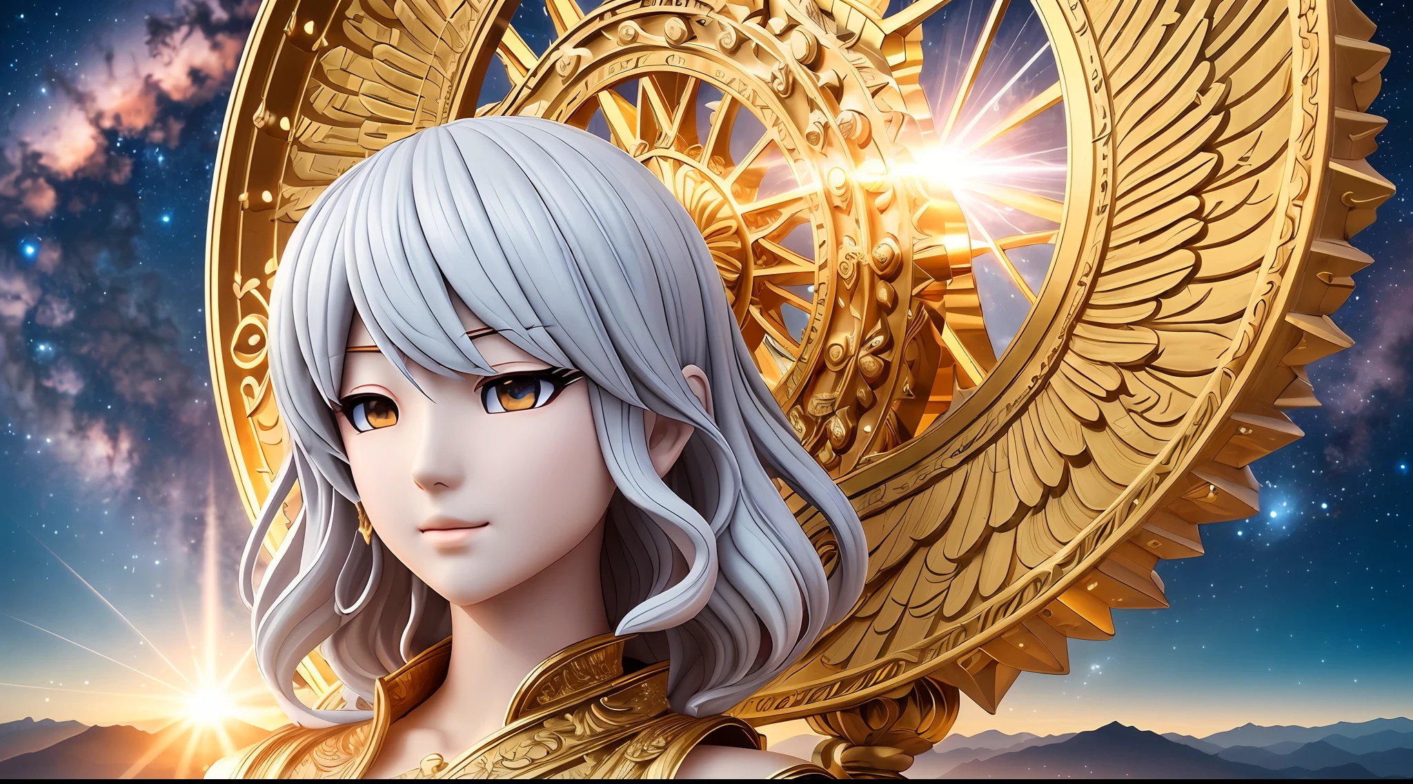 offcial art,Unified 8K ,ultra - detailed,chineseidol,tmasterpiece,best qualtiy,white color hair,The is very detailed,dynamic angle,Great Law Array,Soaring golden pillar of light,Blazing Angel(Angel Light Wheel,In the universe) --auto