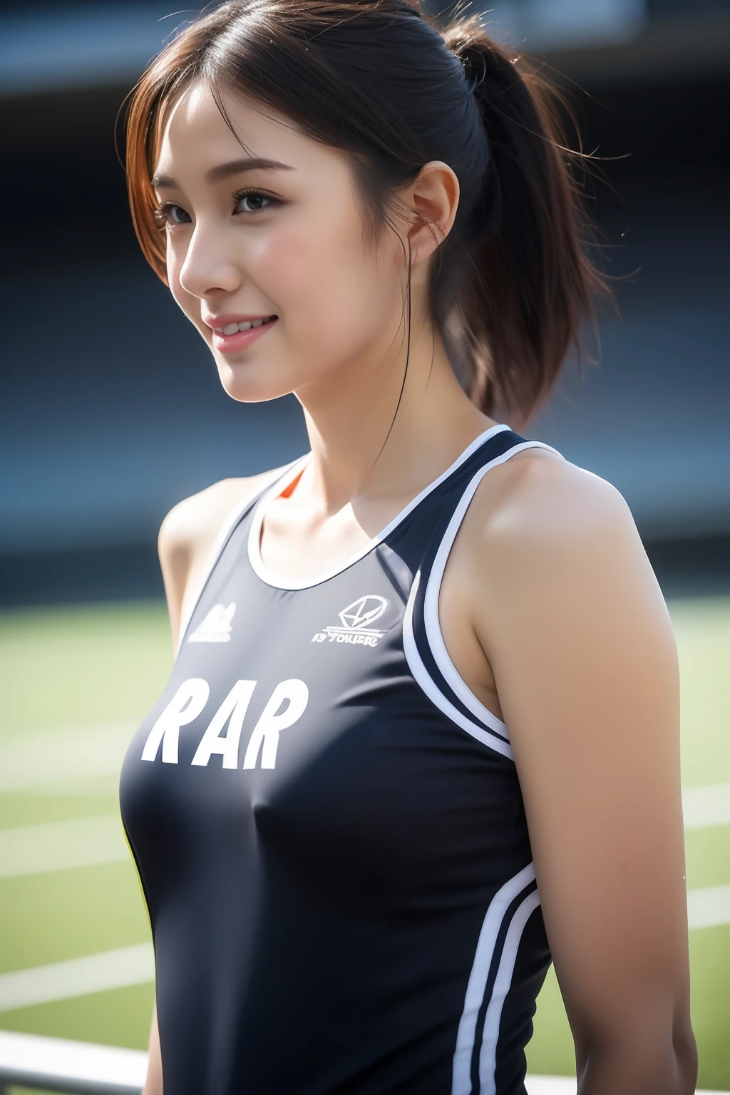(((full bodyesbian)))、japanese beautiful woman、(((track uniform)))、((Shiny shoulder-length black hair))、posing on a、hairyarmpits、Wet body、Sweaty body、Perfect style、beautifullegs、kawaii、((track & Track and field athlete women))、(((1人)))、((Stadium))、extremely cute、A slight smil、Beautiful breasts、full bodyesbian、Arena、((Outstanding style))、((Healthy body))、 Photorealsitic、Beautiful detailed eyes、Hyper-realism、hight contrast、Ultra HD、realistic skin textures、Top image quality、top-quality、超A high resolution、Fine details、Very meticulous