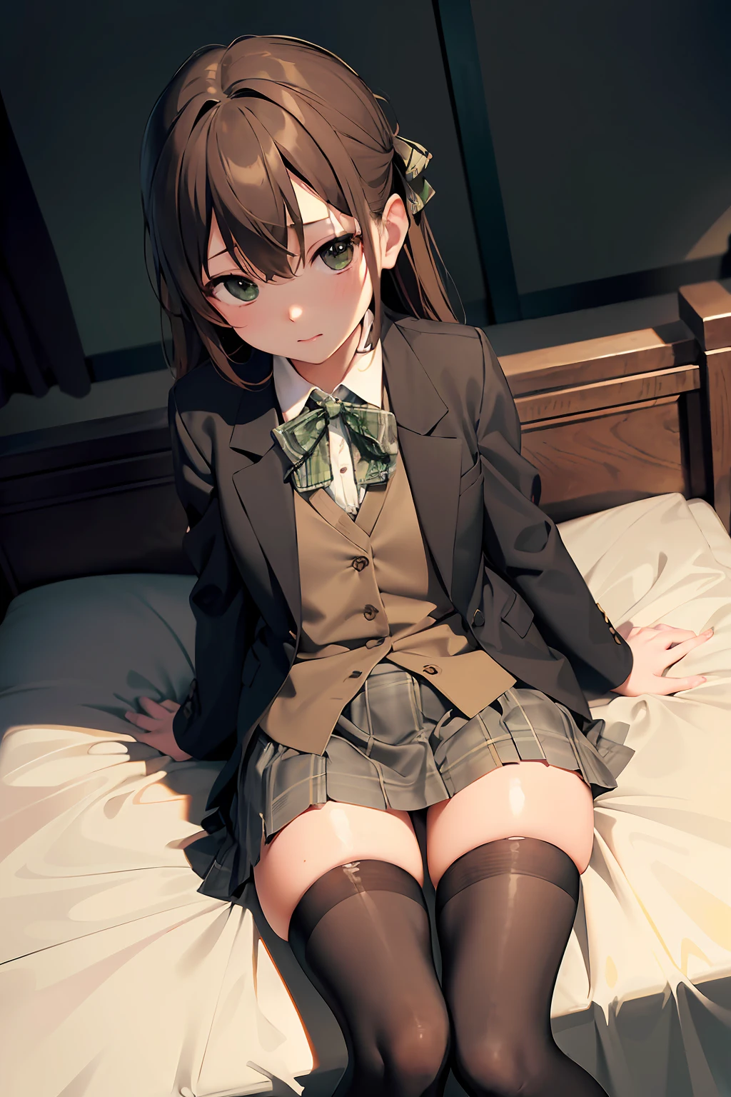 virginal penis、{{vulgarity}}、hi-school girl、on the beds、brownish hair、校服、(Brown blazer)、Ribbon Ties、(Green and gray plaid skirt)、(Black tights)、masterpiece、highcontrast、cinematlic lighting、Detailed shading、top-quality、Top image quality