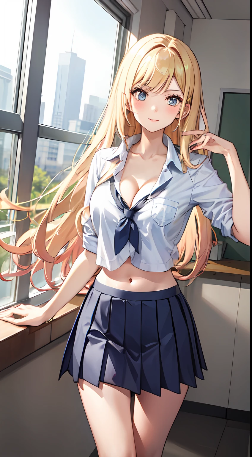 long hair, cleavage, navel, slim legs, blonde hair, skirt, Kitagawa marin, school uniform, class
