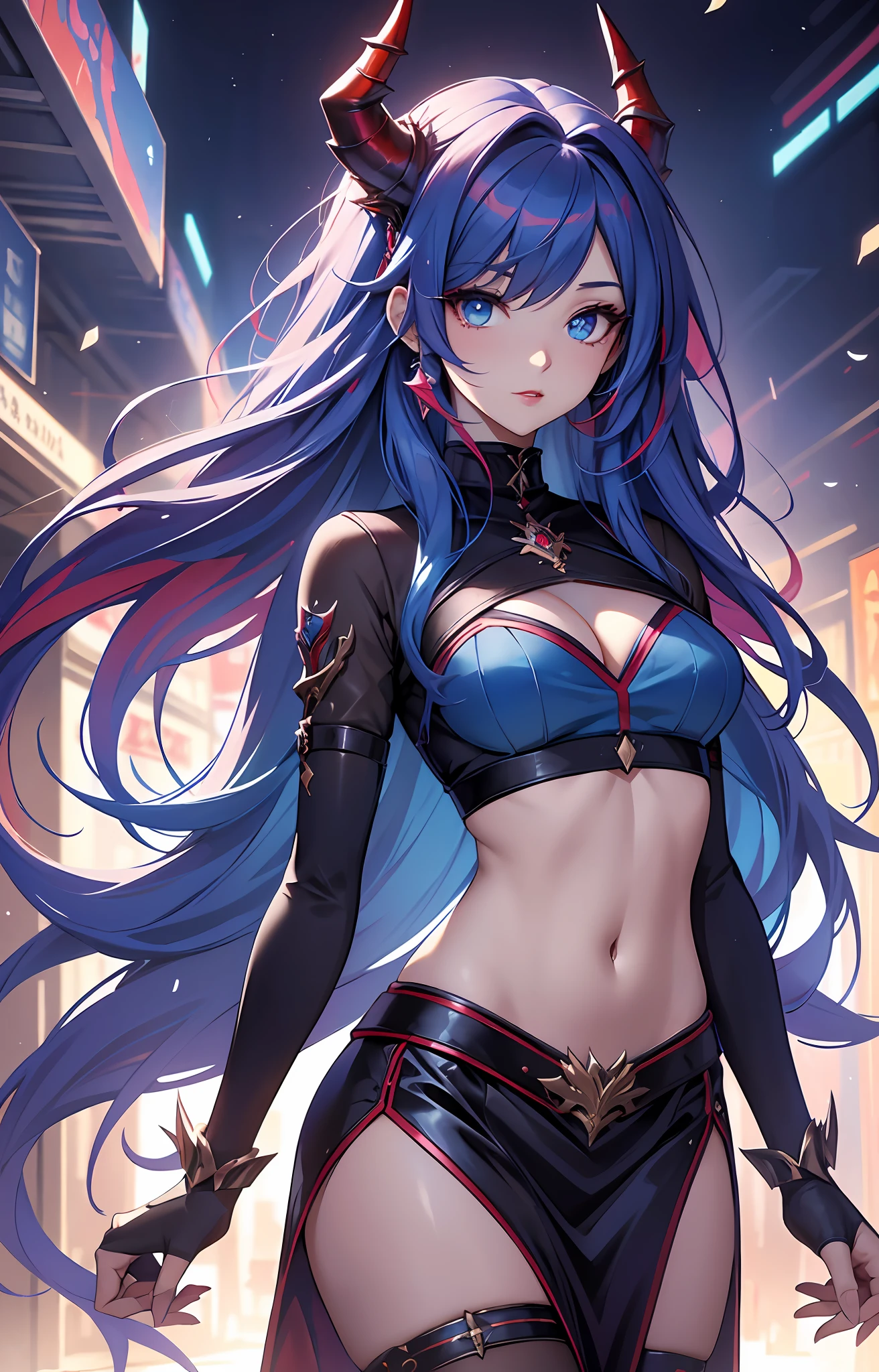 best qualityer，tmasterpiece，Ultimate resolution，downy，Extremely colorful，Colorful，Dragon beauty，Mature face shape，blue color eyes，Long red and blue hair，Redlip，Long messy hair，A pair of dragon horns，A pair of dragon wings，a matural female，Crop topping，Superskirt，The kinky is exposed，Temple Mount，Skysky，Normal posture