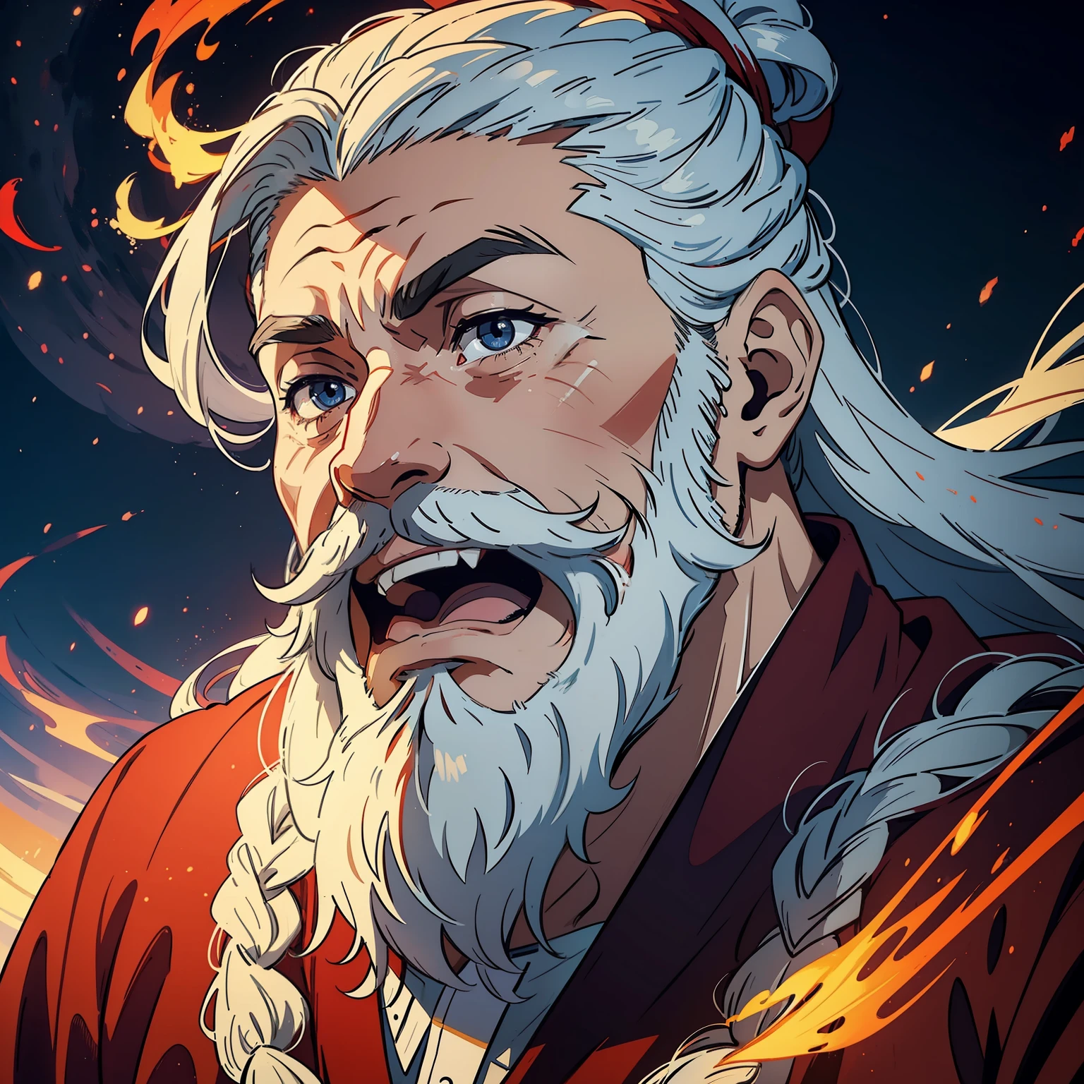Man in period costume,White beard,horse tailed,(expression surprised:1.5),The eyes were surprised,Red robe,Long clothes,half-body photo,Fantastic picture,expression surprised,The expression is grim,Surrounded by magic,Colorful glow in the sky,in a panoramic view,