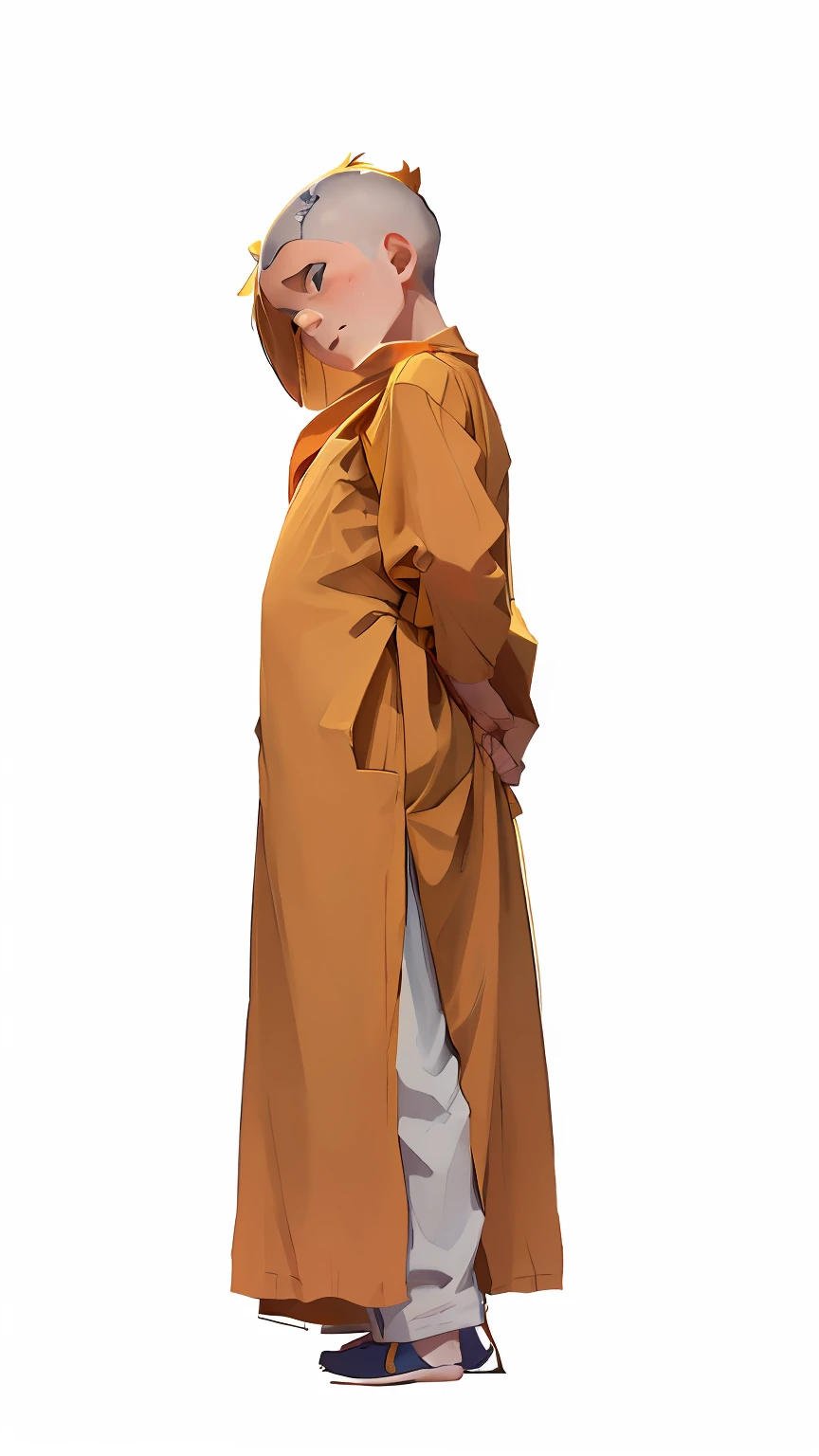 A boy with，Wearing a yellow robe，Monks，No hair，Sideways portrait，full bodyesbian，cartoony，Q version，One hand lifted up and touched his head，The other hand is behind his back，A puzzled expression，Thinking expressions