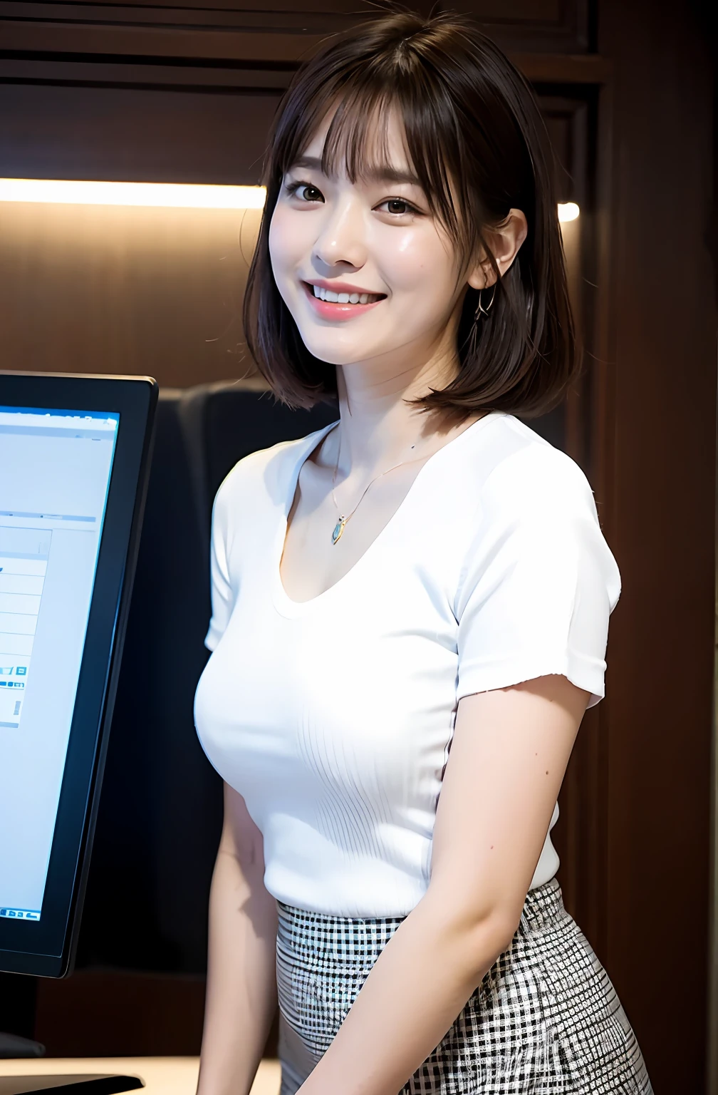 ((8K:1.27)、top-quality、masterpiece、超A high resolution:1.2)Photo beautiful Chinese woman(pleasing:1.1) (The shirt:1.21) Elegance、There is a good、Gradient lighting、1girl in、Delicate skin、Look here、Brown-eyed、(short hair with bangs:1.2)、(Medium chest:1.0)、(medium areola:0.8)、(realisitic:1.4)、(top-quality:1.0)、(超A high resolution:1.0)、8K、Raw photography、(masterpiece:0.2)、(pureerosface_v1:0.5)、Plaid Split Hem Body Condress、 Kamimei、excited expressions、Red cheeks、want me、Staring at this、Office at night、total darkness、computers、Monitor Light、erect through、total darkness、subject、Lean、Look here、Late Night Office、Laugh、up skirt、Panchira、pantiy、Futomo、