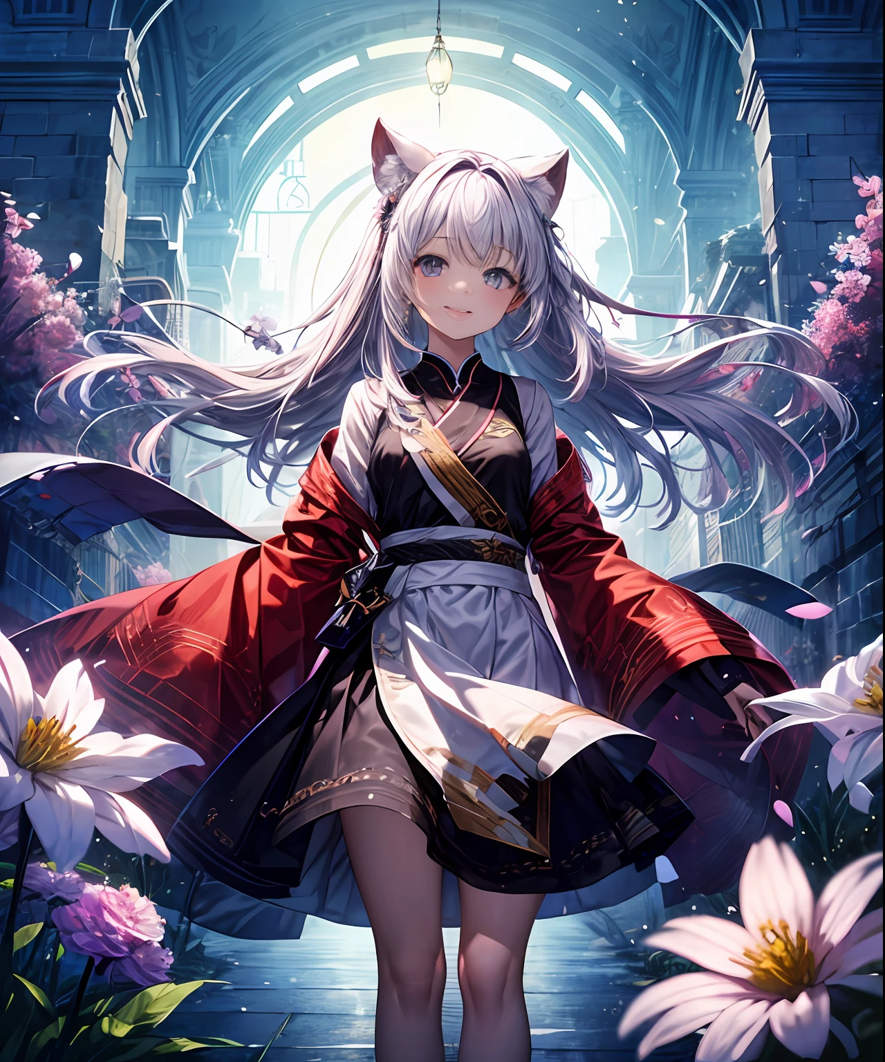 (masterpiece、top-quality)、frontage、独奏、1girl in、is standing、Hands folded behind your back、amidst nature、A smile、The long-haired、Light purple hair、Hair flutters in the wind、with light glowing、Windy、Adult、Flowers flutter
