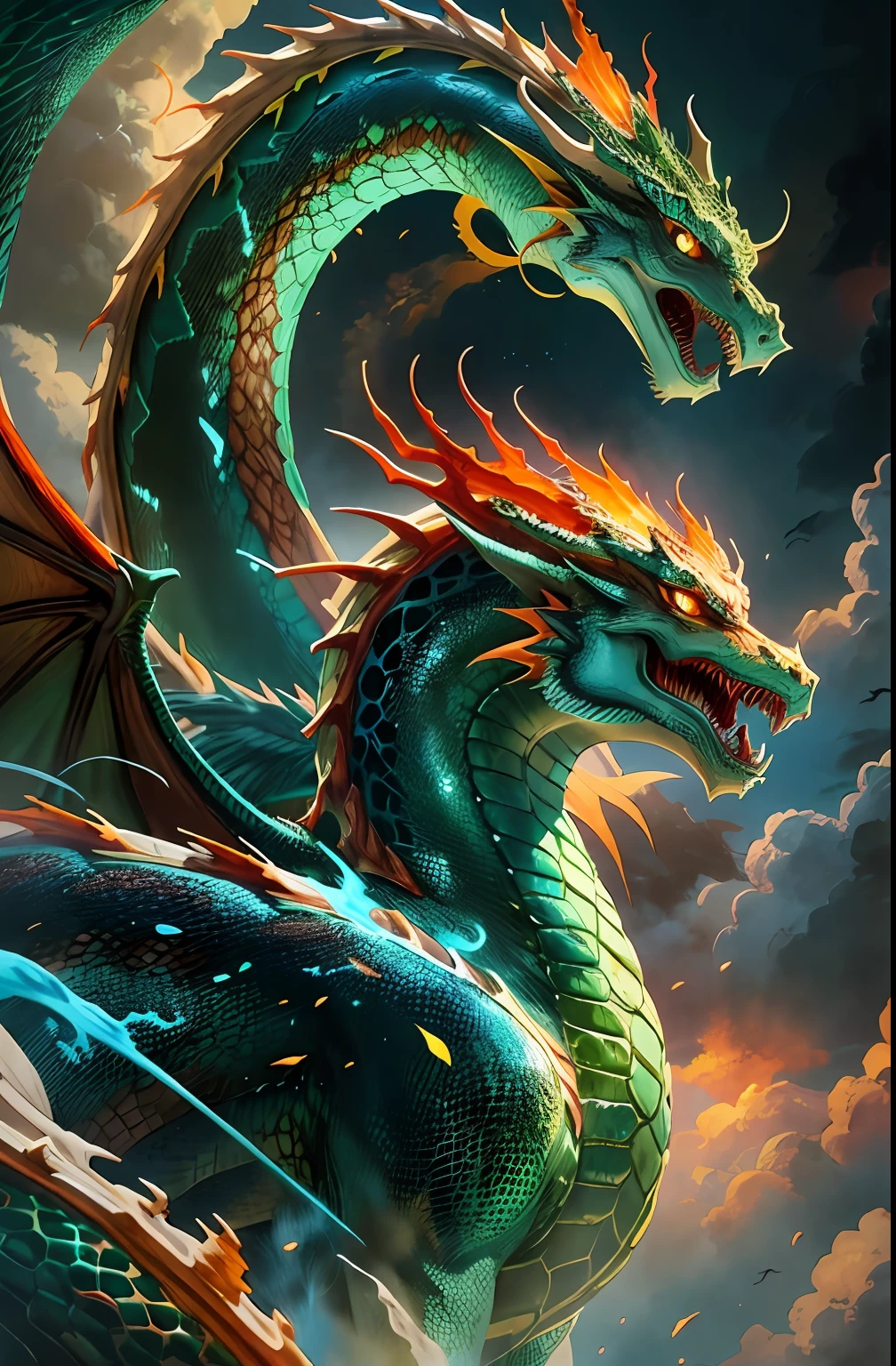 Close-up of a dragon with the sky in the background, Green Chinese Fantasy Dragon, Chinese dragon, smooth chinese dragon, Jade Dragon, chinese dragon concept art, Jade Green Dragon Snake, Majestic Japanese Dragon, colossal dragon as background, dragon art, epic dragon, Phoenix Dragon, blue scaled dragon, fire dragon, legendary dragon, Oil painting of a dragon