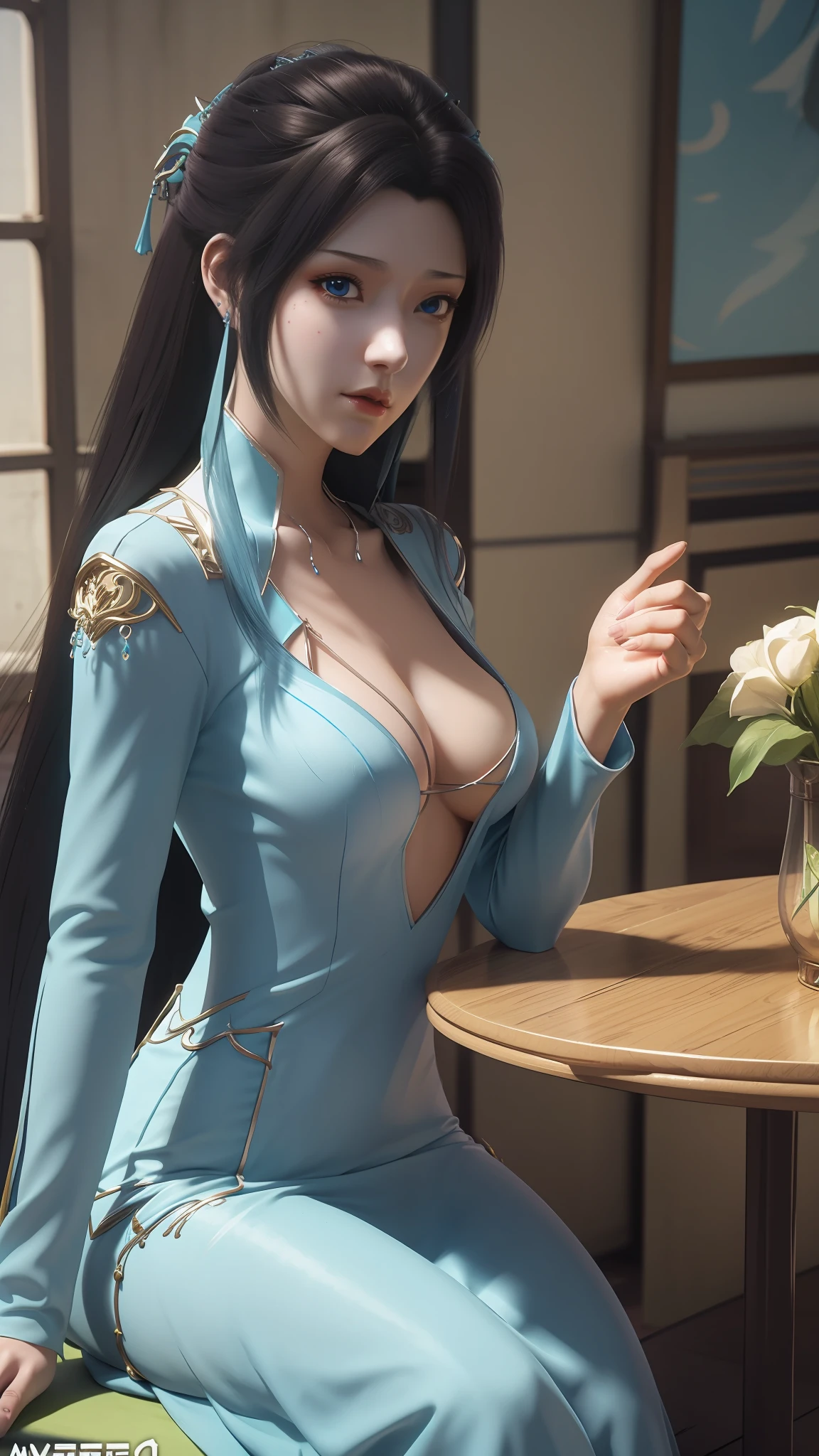 The Arad woman in a blue dress sits at the table, closeup fantasy with water magic, 2. 5 D CGI anime fantasy artwork, Anime fantasy illustration, Detailed digital anime art, beautiful fantasy anime, Smooth anime CG art, Anime fantasy artwork, 8K high quality detailed art, Realistic anime 3 D style, ultra detailed water, beautiful and seductive anime woman