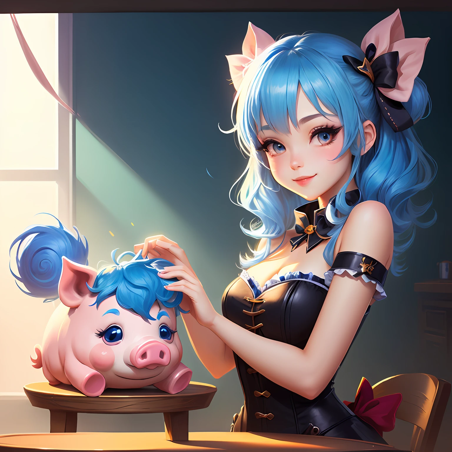 Game character design，PSD Genie，Table cute，ta prostitute，ssmile，A set of high-quality HD sprites，2D game assets，High-quality character design，robotic pig，Cartoon concept art，dual horsetail，Blue hair