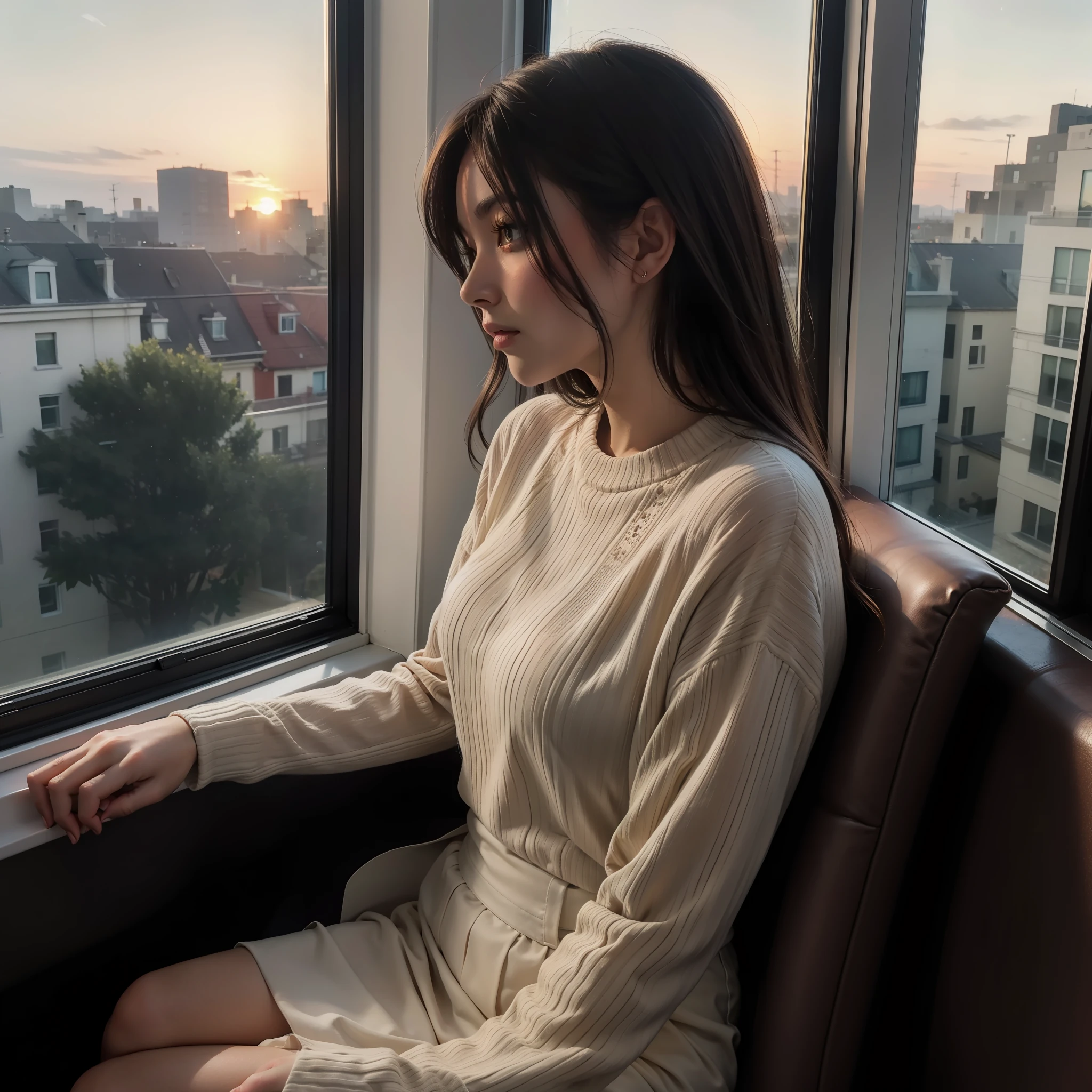 Woman with stunning style, Brunette, American, sitting by the window, looking out the window, sunset light