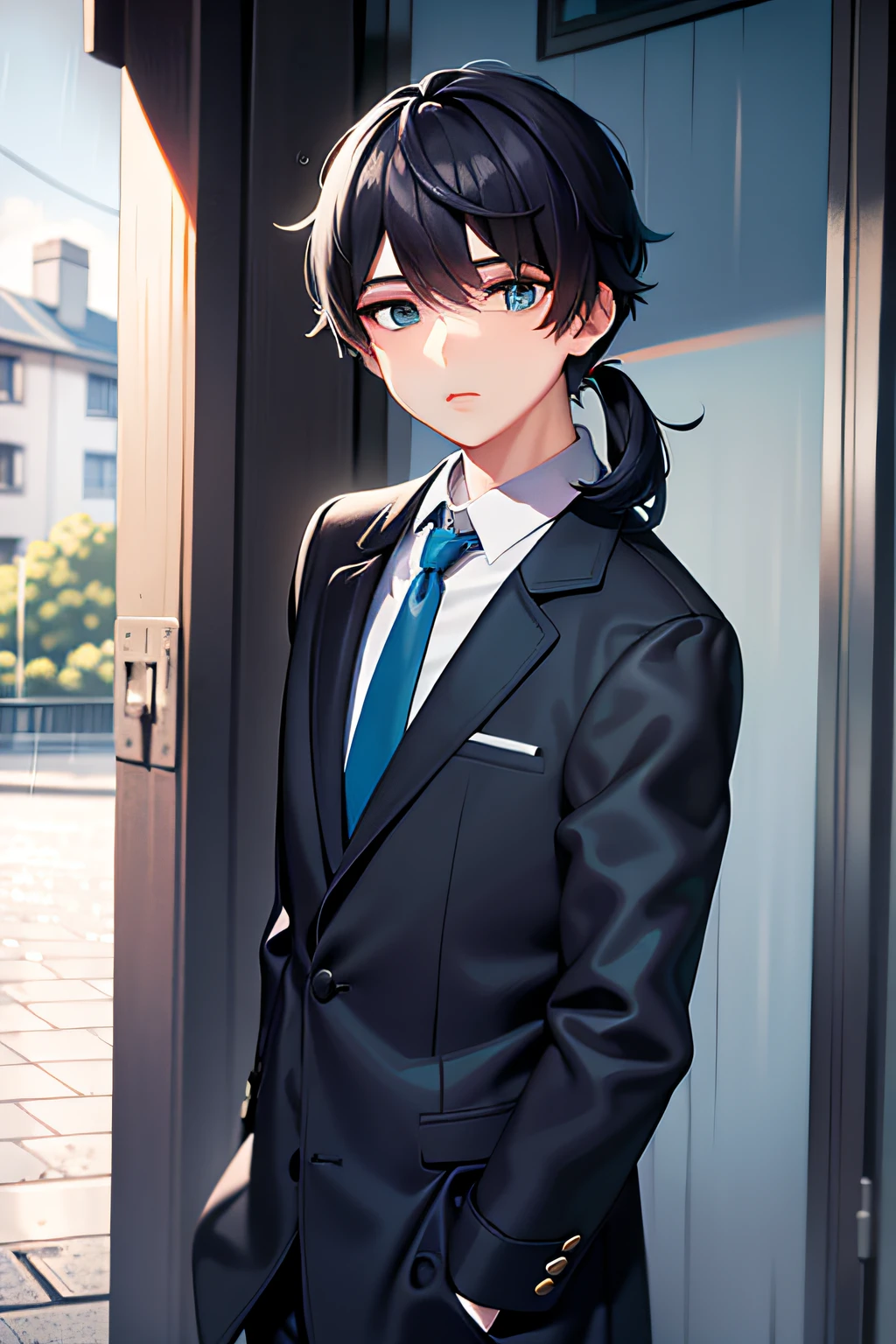 masterpiece, best quality, high quality, 1boy, solo, male focus, looking at viewer, cold light, (blue_eyes:1.2), (mullet:1.2), (black short hair:1.2), (school shirt:1.2), rainday, (many rain:1.2)