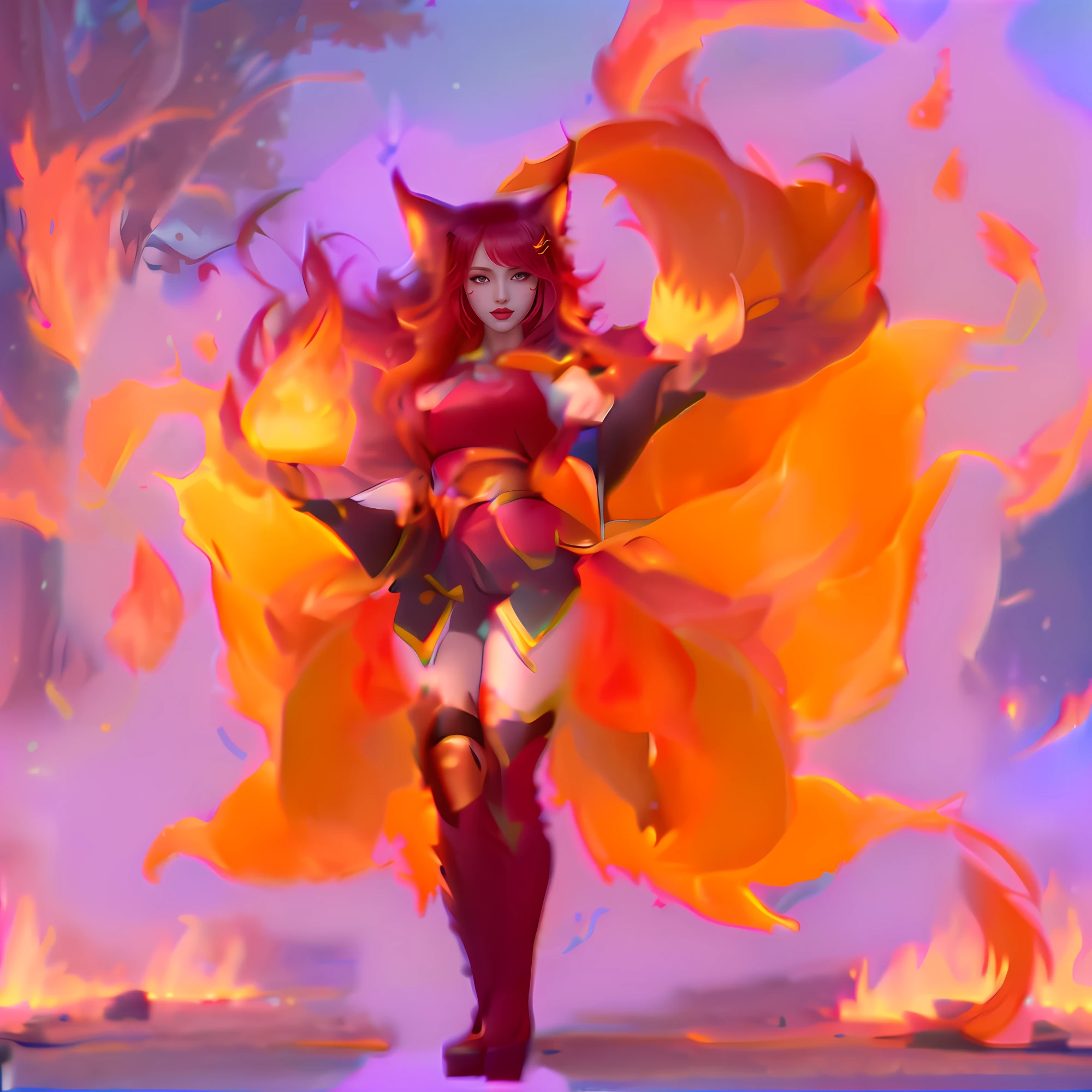 realisitic、Sharp Images、huge tit、Clean feet、Beautie、European Beautiful Women、20yr old、Double eyelids、Hanging eyes、Red Eyes、A detailed face、Three red lines on the cheeks、Woman with fire in her hands、ahri、fire、Full body, She has a fireball, appears as the fire goddess, Nine-Tails of Fire、goddess of fire, ahri from league of legends, portrait of ahri, league of legends style art, goddess of fire、