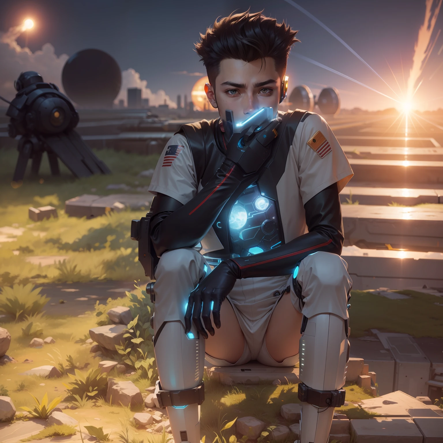 Anime boy sitting on grass,solar system background,mecha,scifi,ultra hd,4k quality, cyberpunk