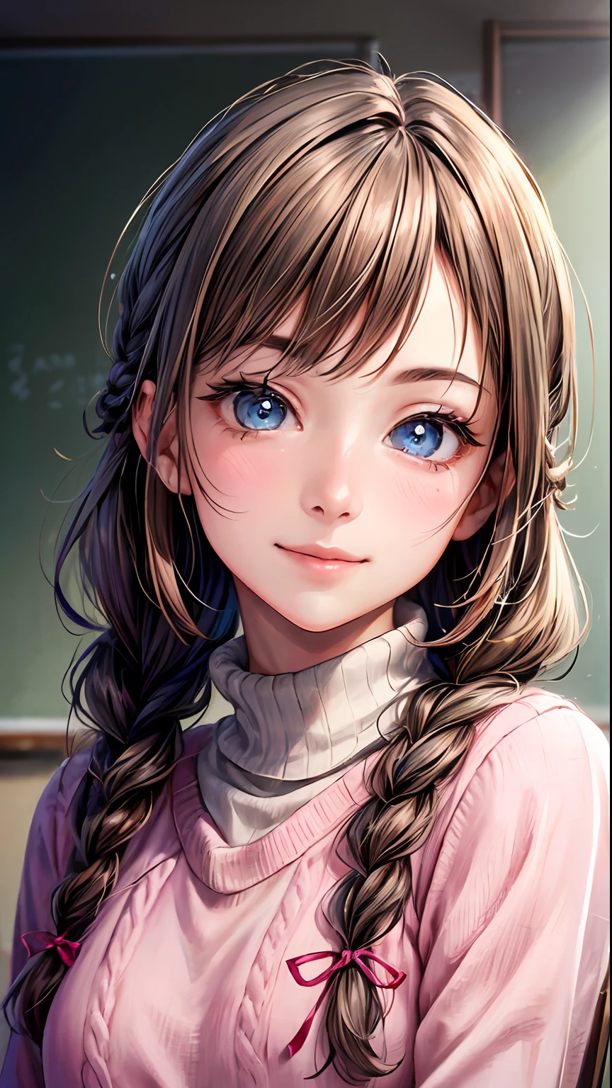 kawaiitech,pastel color, kawaii, cute colors ,classroom, pink, scholar , scroll, 1girl,light brown hair,  turtleneck sweater, argyle sweater, ribbon hair tie, braids,nlong hair, blue gray eyes ,glowing eyes, smile ,closed mouth, ((Best quality)), ((masterpiece)), (highly detailed:1.3), (photorealistic:1.4)