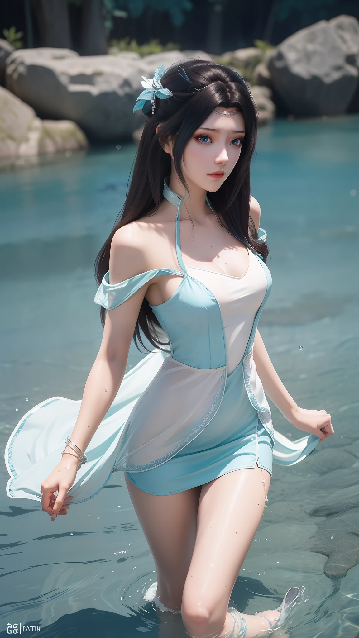 Arapei in a blue and white dress stood in the water, Anime girl walking on water, closeup fantasy with water magic, azur lane style, trending on cgstation, Anime girl cosplay, seraphine ahri kda, Splash art anime Loli, trending at cgstation, realistic water, water fairy, WLOP and Sakimichan