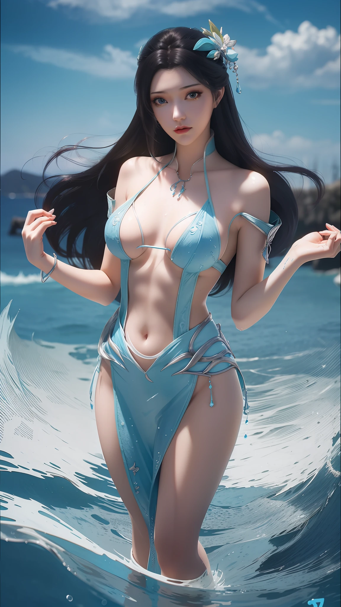 Arapei in a blue and white dress stood in the water, Anime girl walking on water, closeup fantasy with water magic, azur lane style, trending on cgstation, Anime girl cosplay, seraphine ahri kda, Splash art anime , trending at cgstation, realistic water, water fairy, WLOP and Sakimichan
