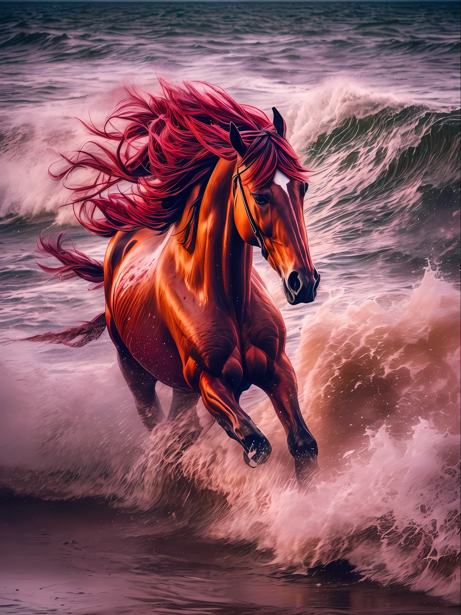 (tempest, waves, splatter (Red horse running along the seashore)), Color Image, (Sunset on the sea), Lightroom, Cinematic, HDR, Soggy, an intricate, hiquality, Calm tones, Complicated details, low contrast