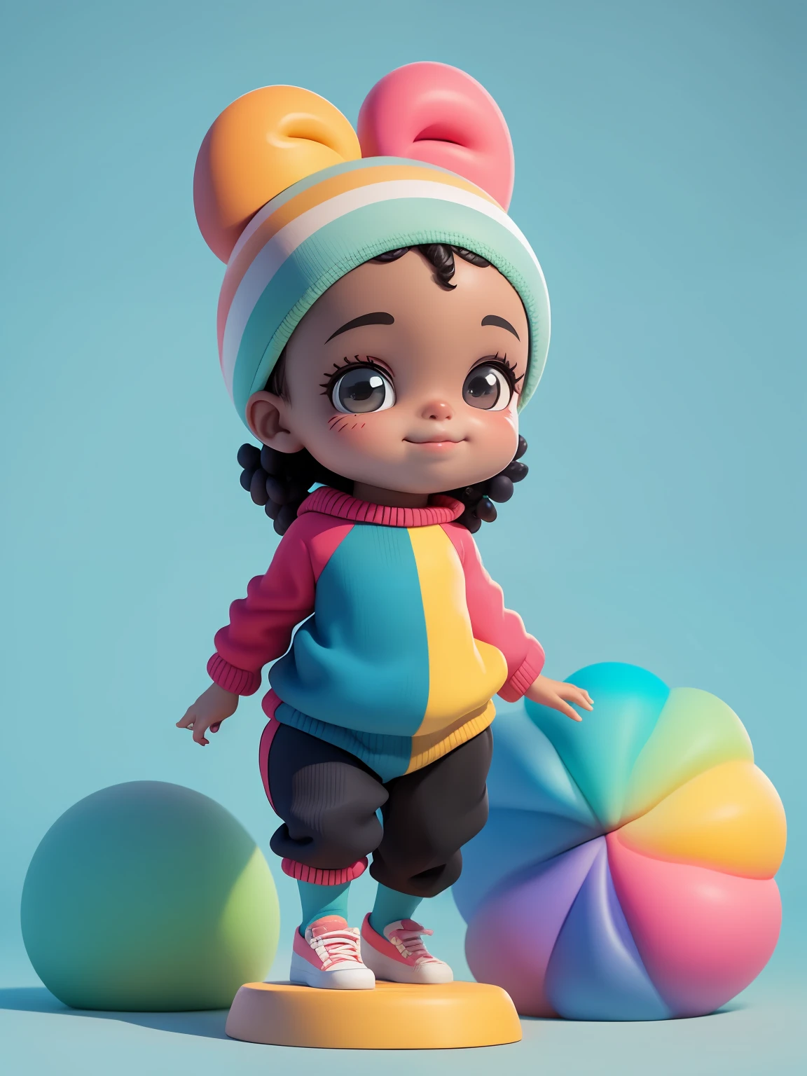 (obra-prima), (melhor qualidade), (ultra-detalhado), (corpo inteiro: 1.2) baby menina negra bonita e fofa, tema circus, capuz, moletom colorido, Knitted jumpsuits, Pants, jaqueta, blusa, sorriso claro, corpo inteiro, :3, fundo tom pastel , colorido e simples.