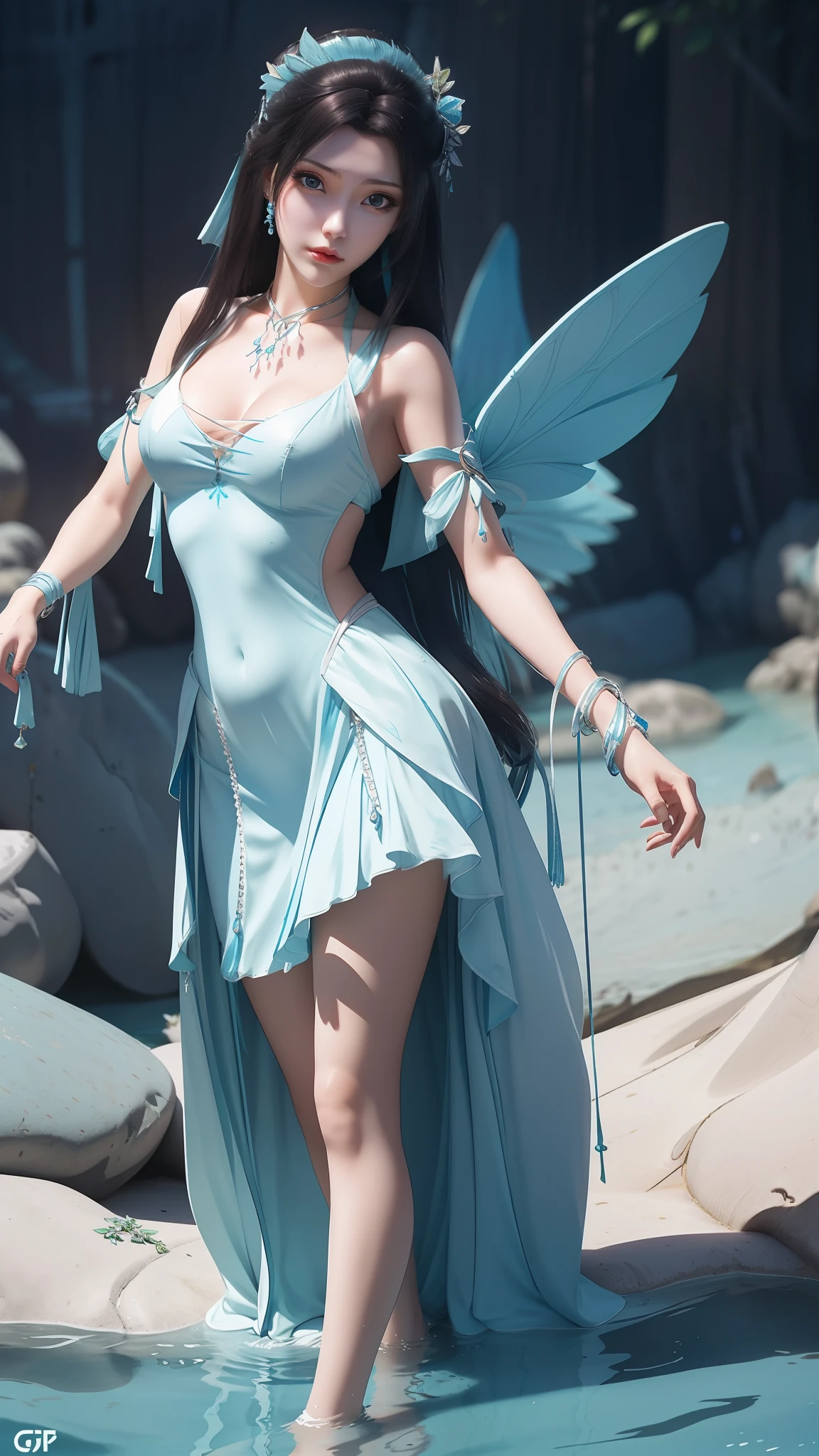 Arapei in a blue and white dress stood in the water, Anime girl walking on water, closeup fantasy with water magic, azur lane style, trending on cgstation, Anime girl cosplay, seraphine ahri kda, Splash art anime Loli, trending at cgstation, realistic water, water fairy, WLOP and Sakimichan