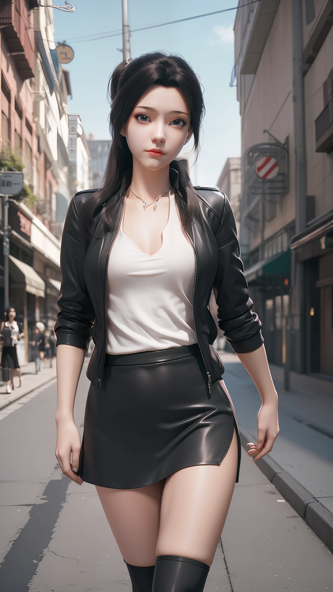 There is a woman in a short skirt and jacket posing for a photo, Surrealism female students, Surrealism female students, Realistic schoolgirl, photorealistic anime girl rendering, small curvaceous loli, thighhighs and skirt, 3 d anime realistic, highly detailed giantess shot, Photorealistic anime, photorealistic full body, [ 4 K photorealism ]!!