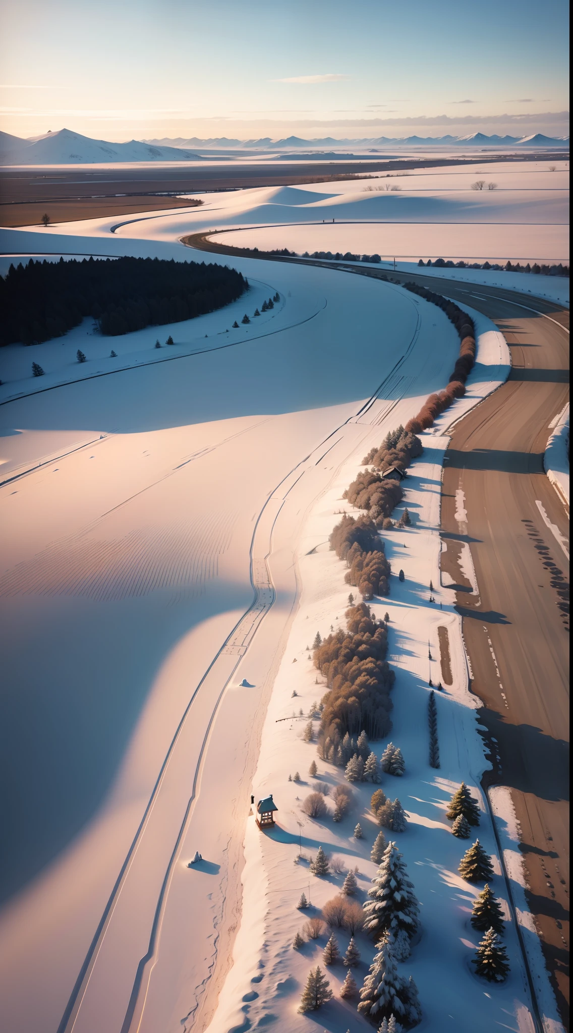 Snowy landscape in plain countryside