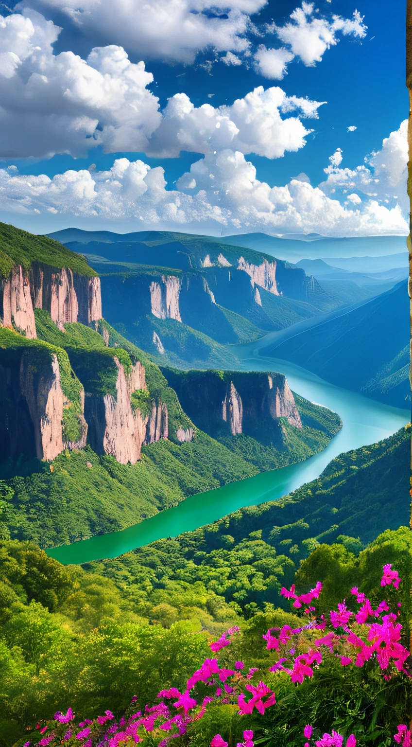 Masterpiece, ultimate quality, Cg unity 8k wallpaper, super delicate, beautiful sky and clouds, rich natural scenery, cliffs, lakes and rivers, waterfalls and flying water, beautiful green mountains, no trace of people, excellent scenery, has already won a photo contest, background Blurring, full depth of field, HDR high dynamics, true restoration, intricate, extreme details, dramatic presentation, perfectly presenting the style of midjourney art.