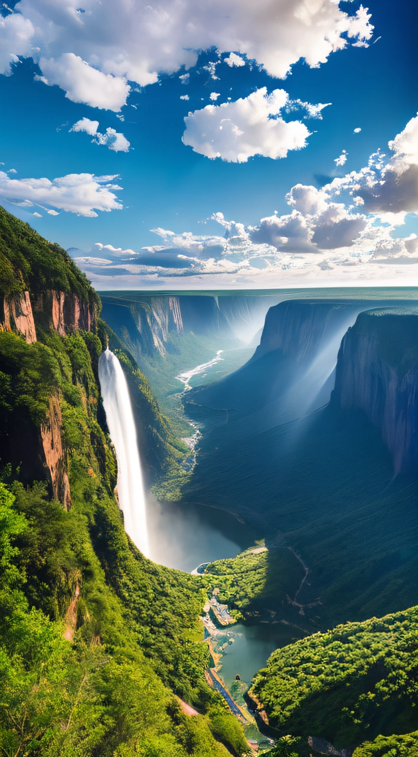 Masterpiece, ultimate quality, Cg unity 8k wallpaper, super delicate, beautiful sky and clouds, rich natural scenery, cliffs, lakes and rivers, waterfalls and flying water, beautiful green mountains, no trace of people, excellent scenery, has already won a photo contest, background Blurring, full depth of field, HDR high dynamics, true restoration, intricate, extreme details, dramatic presentation, perfectly presenting the style of midjourney art.