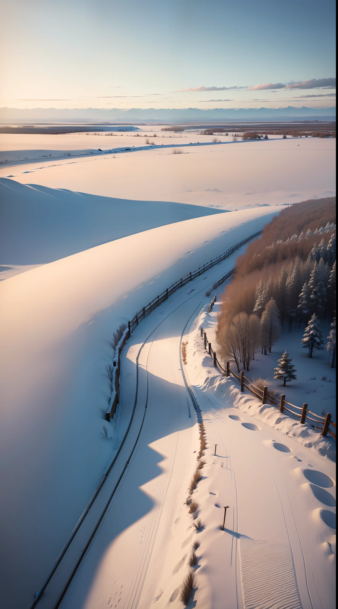 Snowy landscape in plain countryside