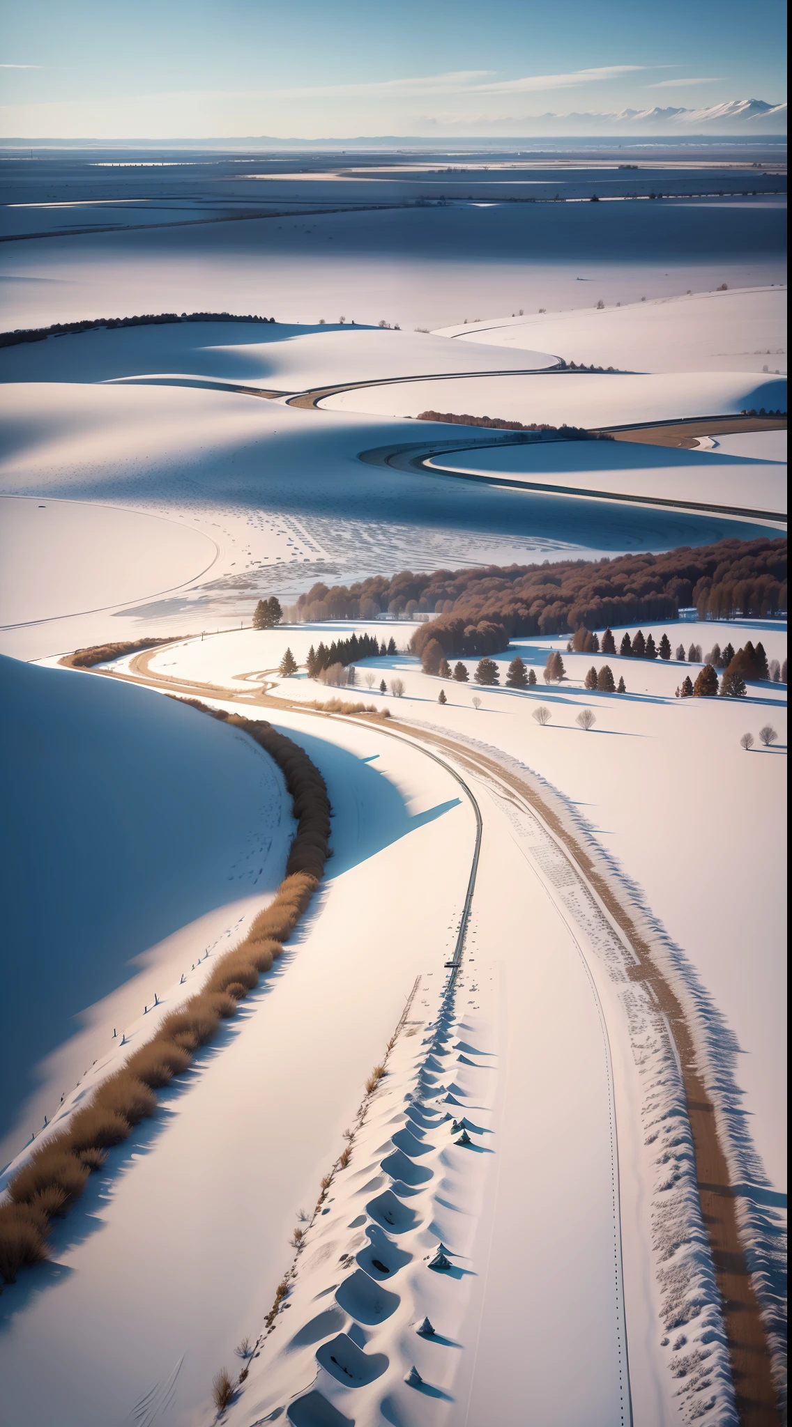 Snowy landscape in plain countryside