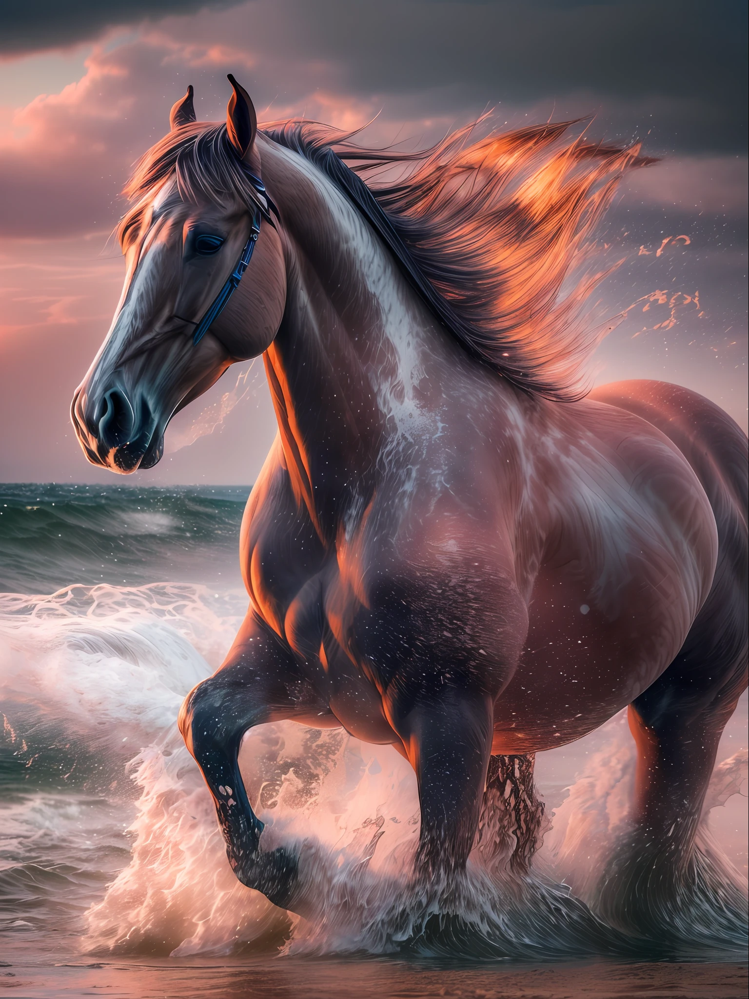 (tempest, waves, splatter (Anthropomorphic horse running along the seashore, The body of the horse, And the torso of a person, The woman)), Color Image, (Sunset on the sea), Lightroom, Cinematic, HDR, Soggy, an intricate, hiquality, Calm tones, Complicated details, low contrast