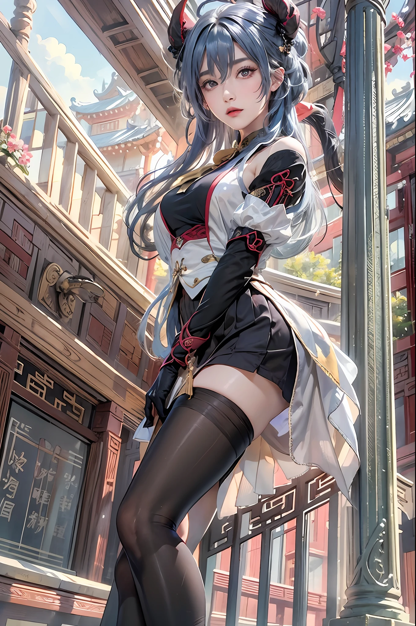 photorealistic, high resolution, 1women, solo, hips up, look at viewer, (detailed face), ahoge, architecture, bangs, schoolgirl uniform, bare shoulders, bell, black gloves, black pantyhose, (blue hair), blush, breasts, chinese knot, detached sleeves, east asian architecture, flower knot, gloves, horns, long hair, looking at viewer, small breasts, neck bell, night, outdoors, pantyhose, purple eyes, sidelocks, solo, tassel, white sleeves, intricate, high detail, sharp focus, dramatic, jewelry