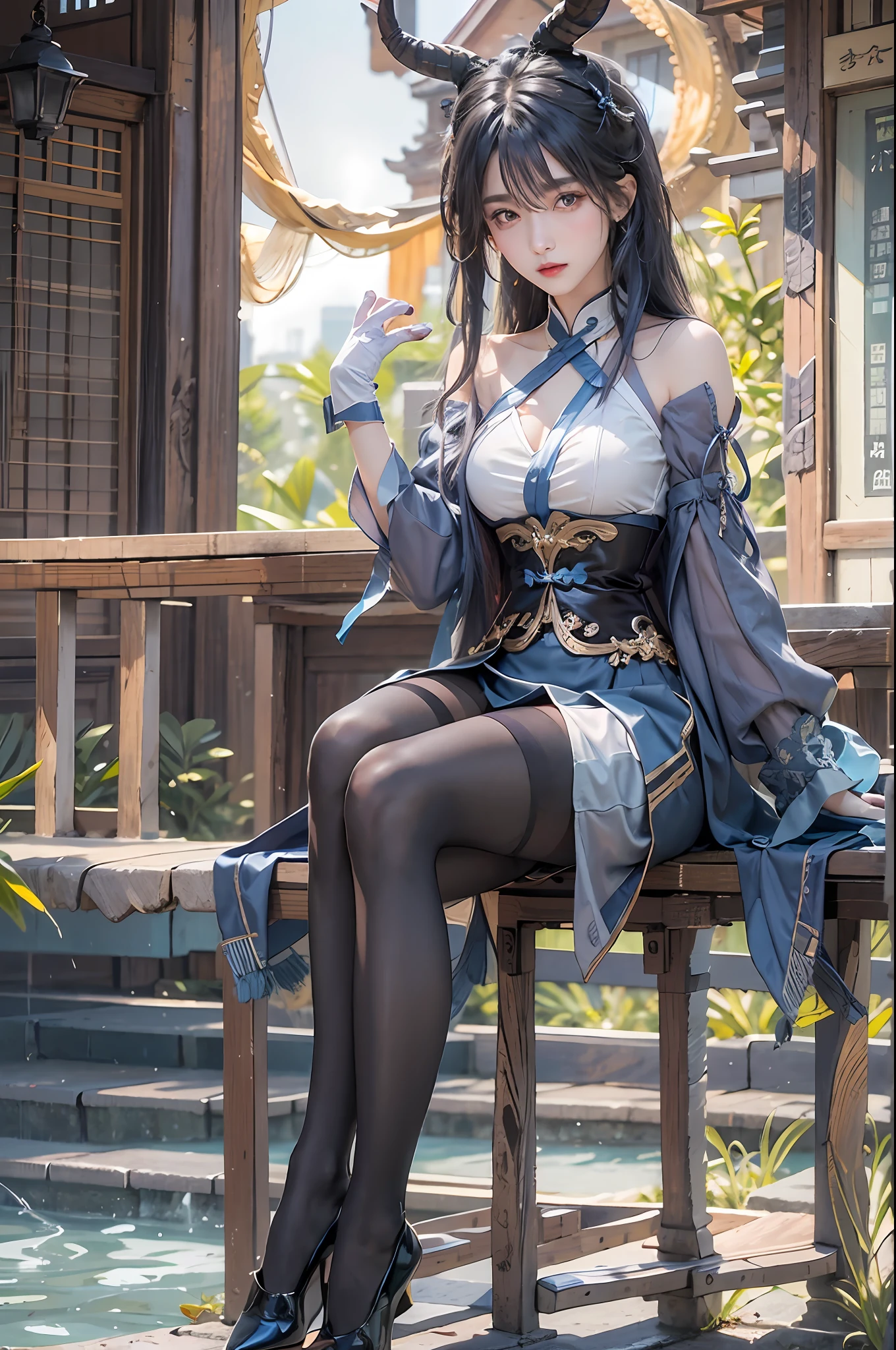 photorealistic, high resolution, 1women, solo, hips up, look at viewer, (detailed face), ahoge, architecture, bangs, schoolgirl uniform, bare shoulders, bell, black gloves, black pantyhose, (blue hair), blush, breasts, chinese knot, detached sleeves, east asian architecture, flower knot, gloves, horns, long hair, looking at viewer, small breasts, neck bell, night, outdoors, pantyhose, purple eyes, sidelocks, solo, tassel, white sleeves, intricate, high detail, sharp focus, dramatic, jewelry