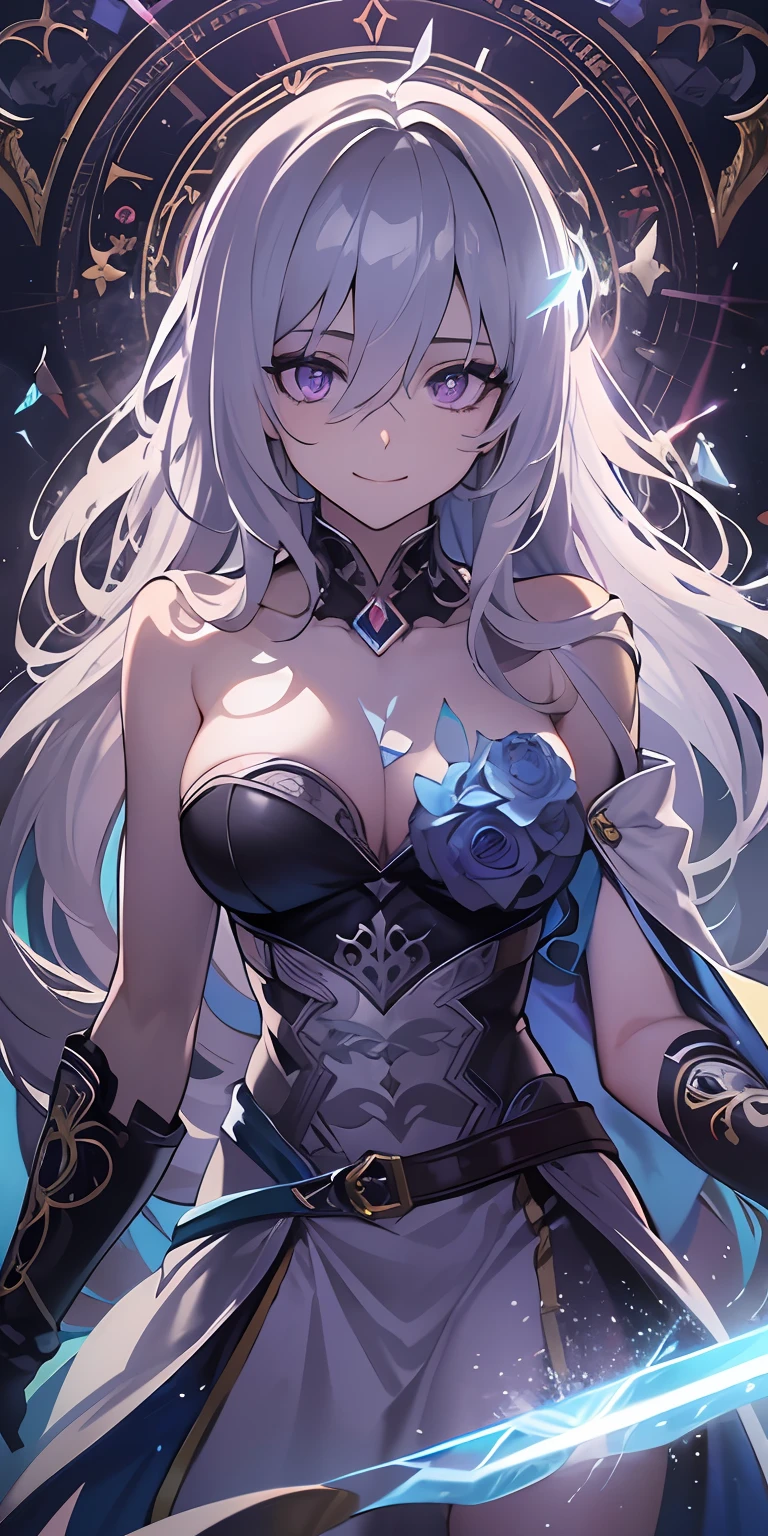 (masterpiece, best quality, ultra-detailed, best shadow), (detailed background,dark fantasy), (beautiful detailed face), high contrast, (best illumination, an extremely delicate and beautiful), ((cinematic light)), colorful, hyper detail, dramatic light, intricate details, (1girl, solo,white hair, sharp face,purple eyes, hair between eyes,dynamic angle), swirling black light around the character, depth of field,black light particles,(broken glass),magic circle, hero , full body, holding magical sword, woman, happy, smile, look in front, tall, wearing boots,