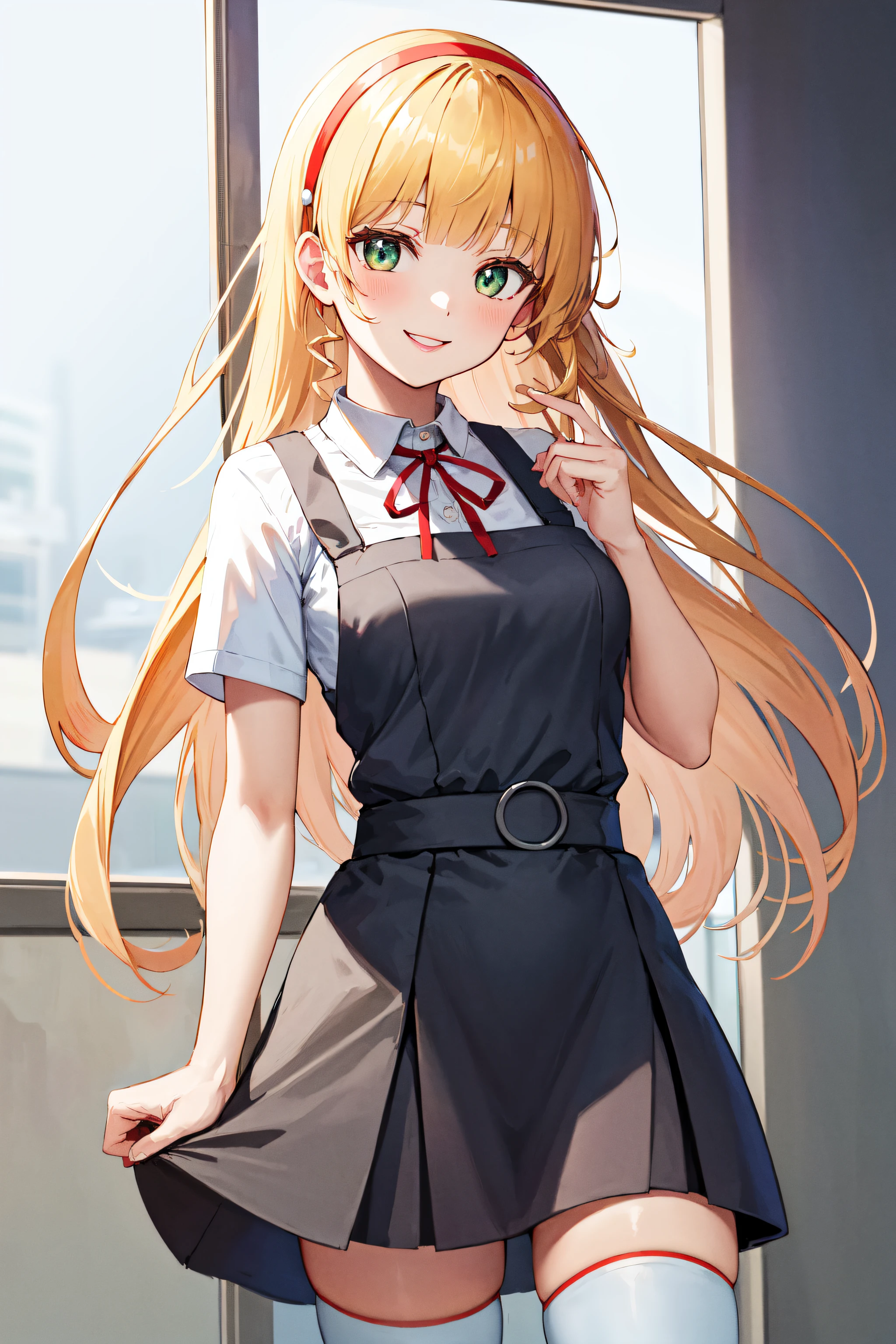 masterpiece, best quality, highres, sumire1, hairband, long hair, solo, white thighhighs, school uniform, red ribbon, neck ribbon, grey dress, blunt bangs, pinafore dress, white shirt, short sleeves, collared shirt, medium breasts, standing, cowboy shot, smile