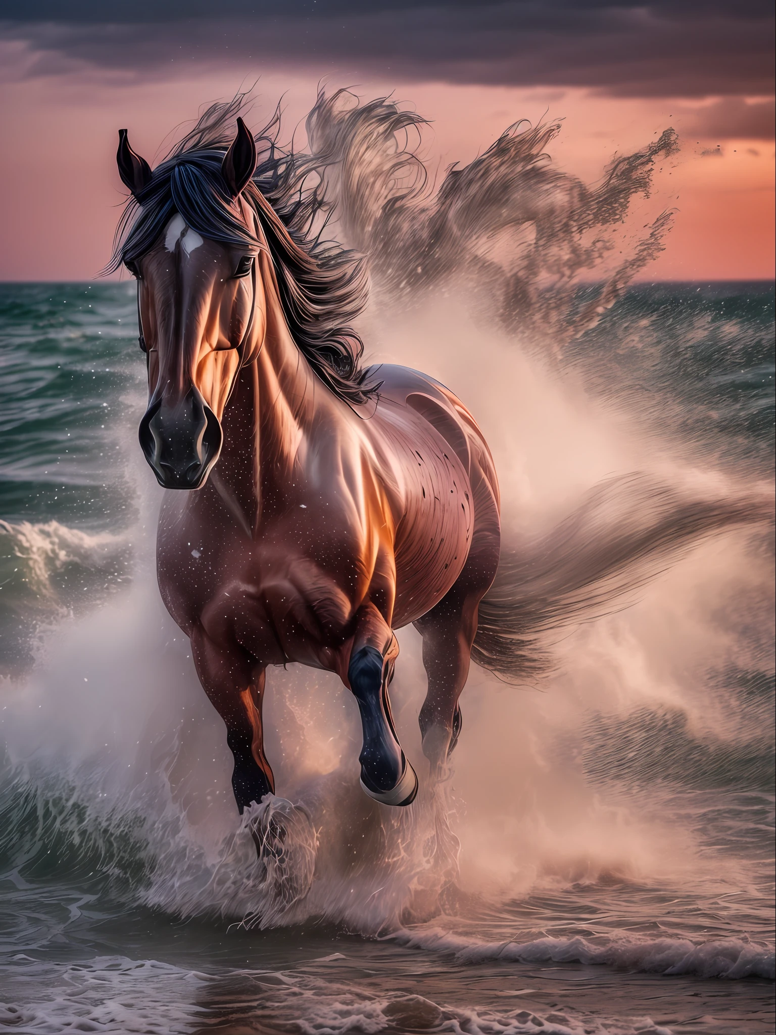 (tempest, waves, splatter (Anthropomorphic horse running along the seashore, The body of the horse, And the torso of a person, The woman)), Color Image, (Sunset on the sea), Lightroom, Cinematic, HDR, Soggy, an intricate, hiquality, Calm tones, Complicated details, low contrast