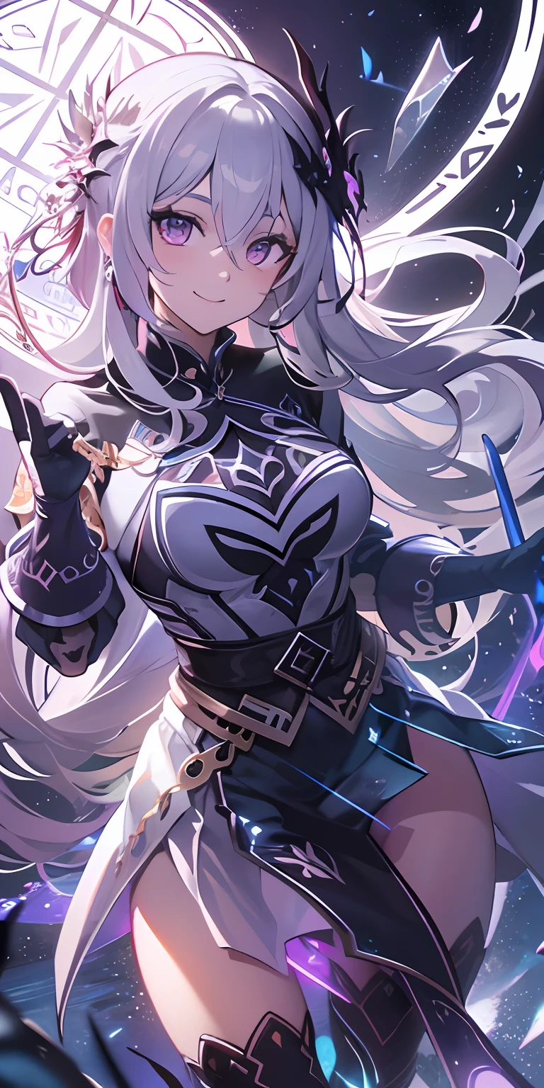 (masterpiece, best quality, ultra-detailed, best shadow), (detailed background,dark fantasy), (beautiful detailed face), high contrast, (best illumination, an extremely delicate and beautiful), ((cinematic light)), colorful, hyper detail, dramatic light, intricate details, (1girl, solo,white hair, sharp face,purple eyes, hair between eyes,dynamic angle), swirling black light around the character, depth of field,black light particles,(broken glass),magic circle, warrior, full body, holding magical sword, woman, happy, smile, look in front, tall, wearing boots,