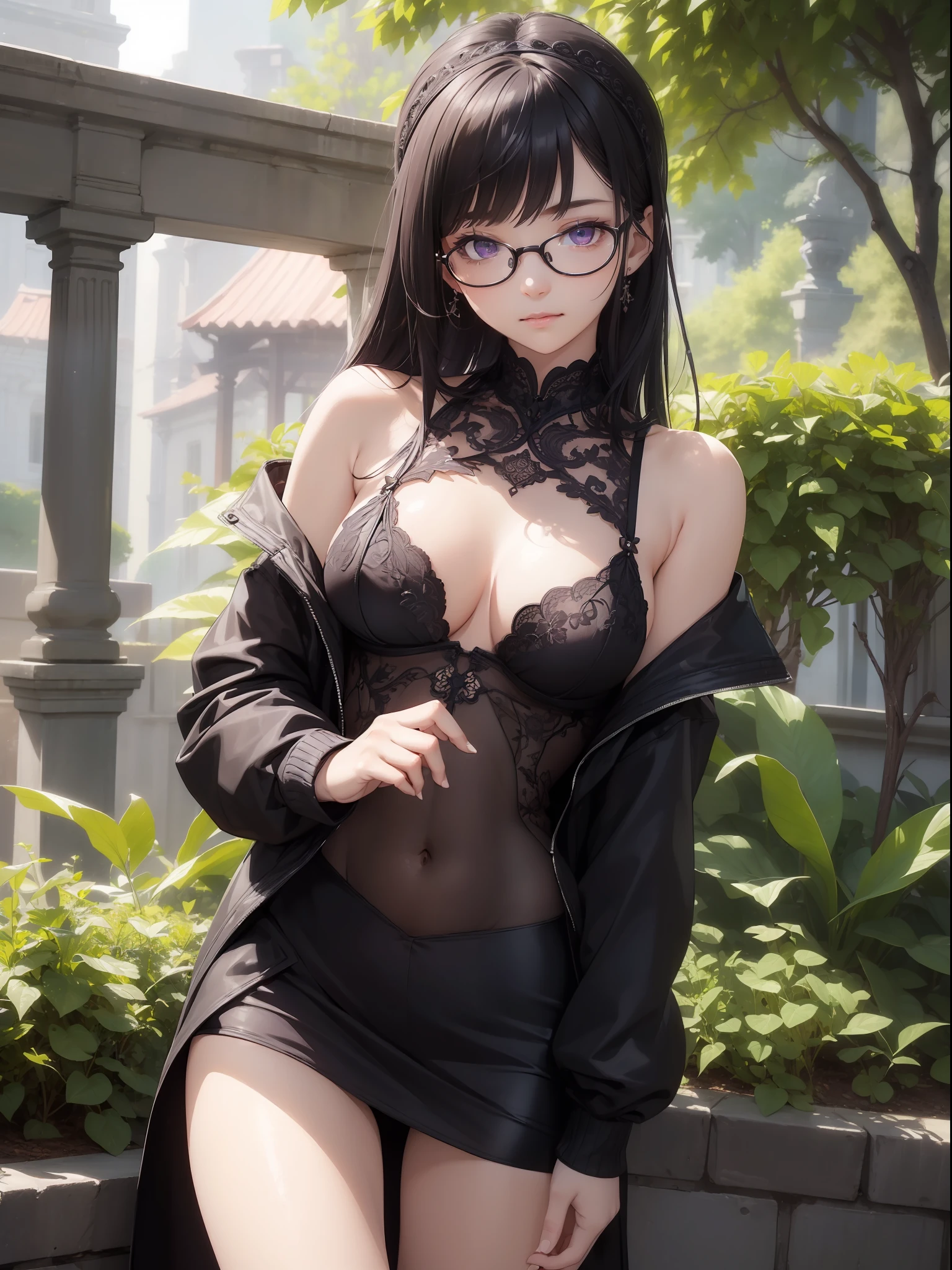 (((((kid)))))、1girl in、breastsout、、eye glass、large full breasts、A pink-haired、Solo、Onepiece、耳Nipple Ring、decolletage、long、jewely、plein air、looking at the spectator、A slight smil、Navel Ejection、shairband、Lamp pillar、White Dress、Shoulder out、bangss、Black jacket、Open your clothes、Black-rimmed glasses、jaket、denim lens、鎖骨、Open jacket、Keep your mouth shut、natta、Black Hair Band、long-sleeve、teak、Street、Purple eyes, (Dynamic Pose, Very detailed and beautiful girl, intricate-detail, Beautiful detailed girl, Game CG, Highly detailed body, delicate and intricate hair, realistic and detailed face, Highly detailed eyes and face, Intricate details are beautiful and delicate eyes, Delicate arm and  hands, Human Hands, Real skin texture, Exquisite fabric, plein air, Indoor , beautiful and clear background, absurdity, High-precision details, Highly detailed CG Unity 8K, Ultra-detailed)