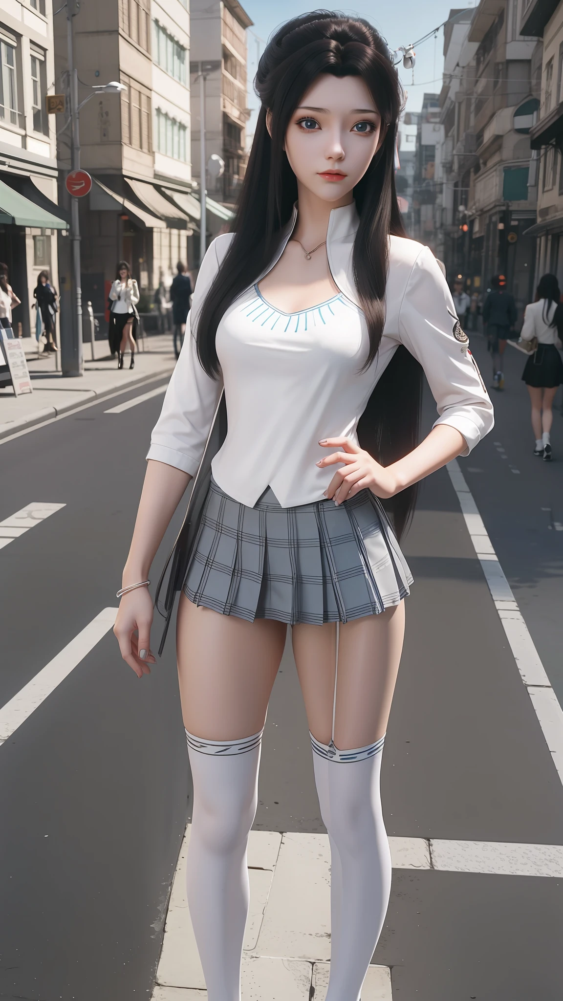 Arad woman posing for photo in short skirt and white shirt, Surrealism female students, Surrealism female students, Realistic schoolgirl, photorealistic anime girl rendering, thighhighs and skirt, 3 d anime realistic, small curvaceous ****, wearing skirt and high socks, Photorealistic anime, cute female student, Realistic anime 3 D style, female student