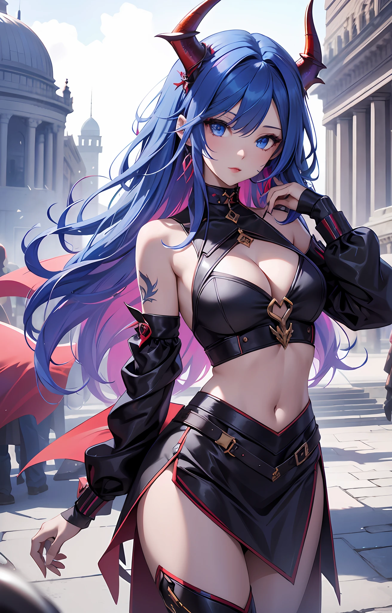 best qualityer，tmasterpiece，Ultimate resolution，downy，Extremely colorful，Colorful，Dragon beauty，Mature face shape，blue color eyes，Long red and blue hair，Redlip，Long messy hair，A pair of dragon horns，A pair of dragon wings，a matural female，Crop topping，Superskirt，The kinky is exposed，Temple Mount，Skysky，Normal posture