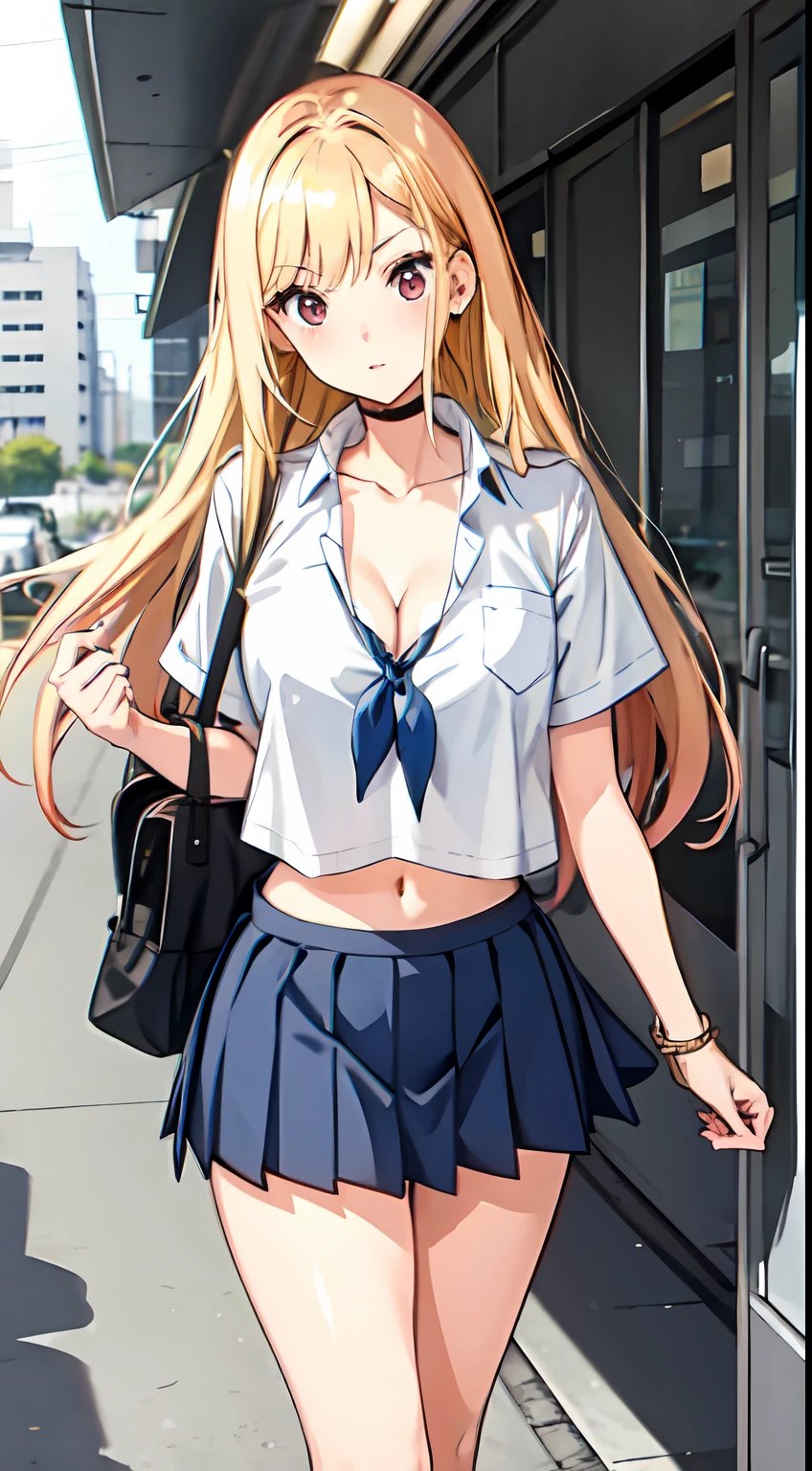 long hair, cleavage, navel, slim legs, blonde hair, skirt, Kitagawa marin, school uniform, class