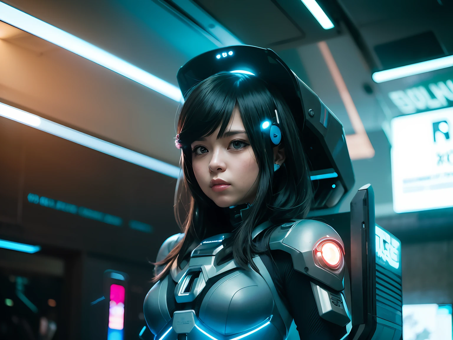 there is a woman in a futuristic suit holding a gun, digital cyberpunk anime art, portrait anime space cadet girl, ross tran 8 k, girl in mecha cyber armor, cute cyborg girl, cyberpunk anime girl mech, anime cyberpunk art, wojtek fus, digital cyberpunk - anime art, artgerm jsc, cyberpunk anime girl, dusky skin