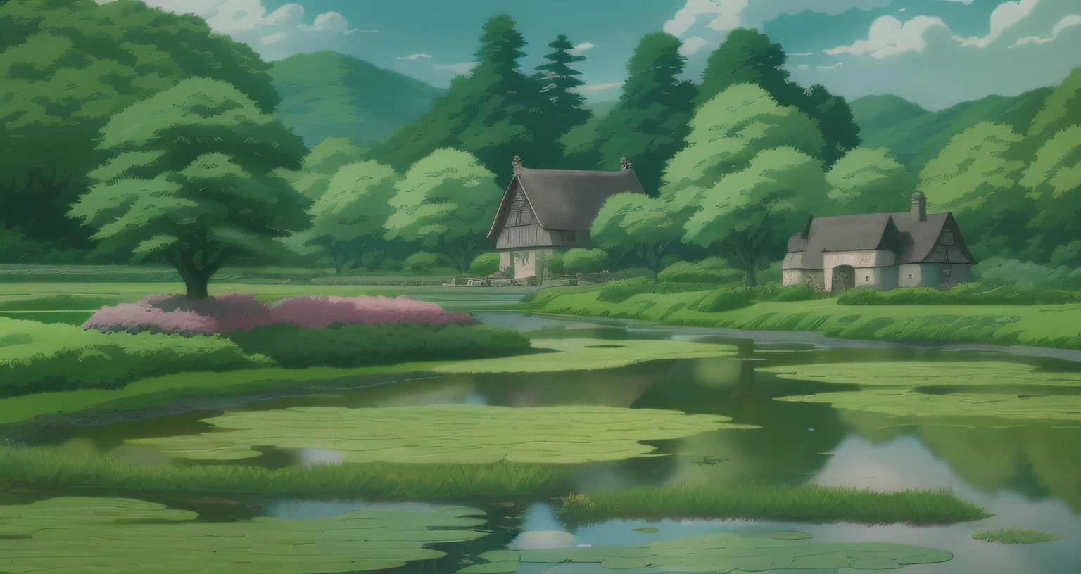 (tmasterpiece,best qualtiy), intricately details, 8K, art stations, the wallpaper, offcial art, splashart, tack sharp focus,Paint a farm with a pond and a thatched roof, View of Ghibli Studio, in style of hayao miyazaki, anime countryside landscape, Ghibli Studio Environment, Medium shot. author:hiyao miyazaki, Miyazaki movie scene, in style of hayao miyazaki, Miyazaki style, cinematic studio ghibli still, miyazaki's animated film