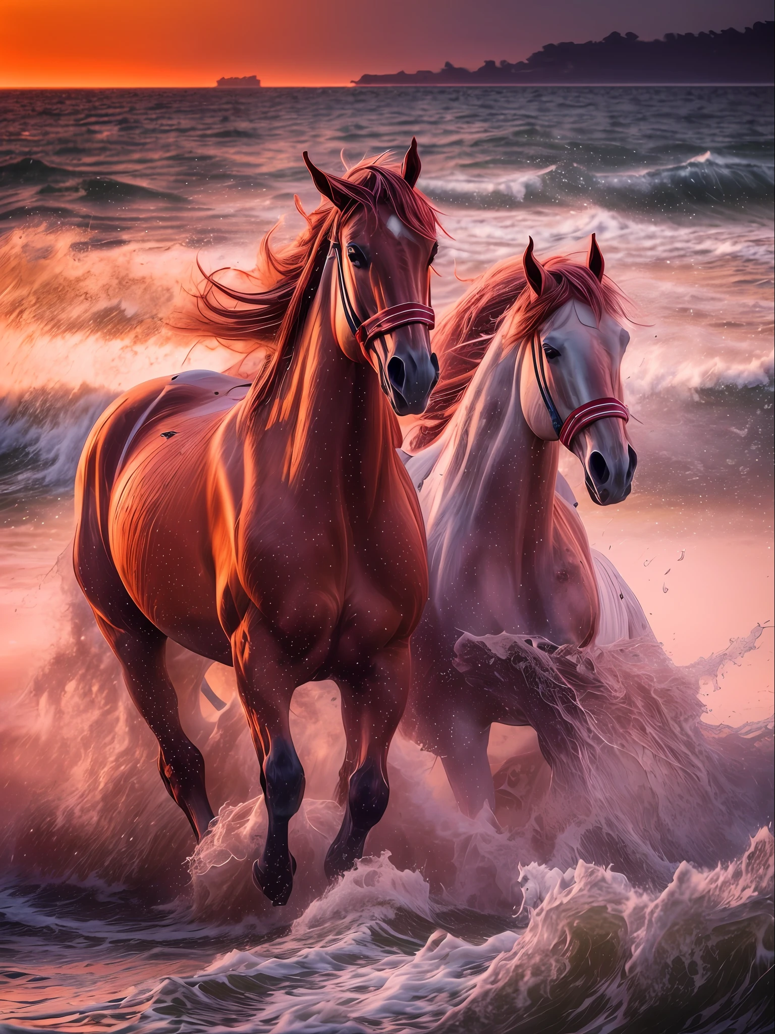 (tempest, waves, splatter (Two red horses running along the seashore)), Color Image, (Sunset on the sea), Lightroom, Cinematic, HDR, Soggy, an intricate, hiquality, Calm tones, Complicated details, low contrast