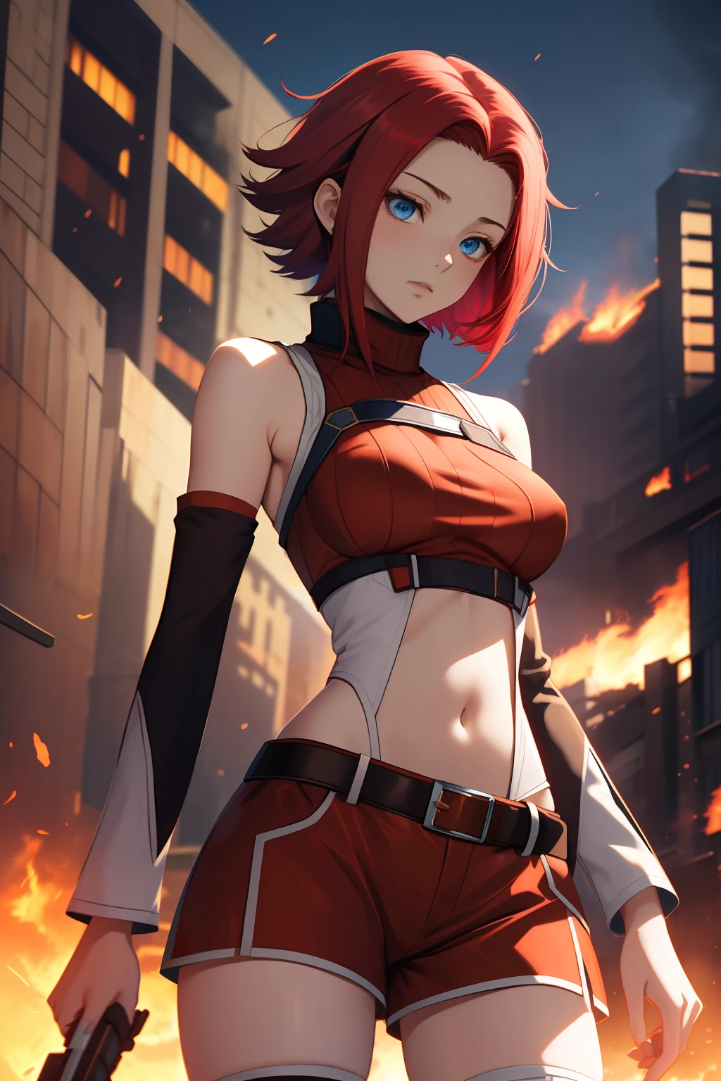 masterpiece, best quality, highly detailed, highres, hdr,
code geass, 1girl, solo, kallen stadtfeld,holding weapon, gun, holding gun,
bare shoulders, midriff, (((brown sleeveless turtleneck))), red thighhighs, (((brown shorts))), red shirt, ((white detached sleeves)), clothing cutout, zettai ryouiki, white belt, red legwear,
blue eyes, large breasts, red hair, short hair,
cowboy shot, intense angle,
mksks style, beautiful background, detailed background, professional lightning, post-apocalypse, buildings, burning, fire, light particles,