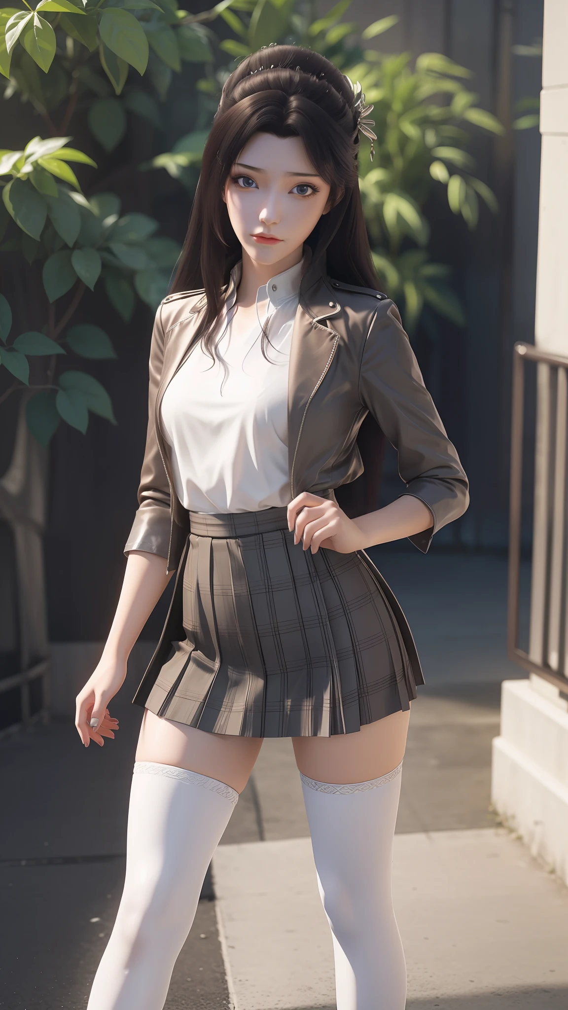 Arad woman posing for photo in short skirt and white shirt, Surrealism female students, Surrealism female students, Realistic schoolgirl, photorealistic anime girl rendering, thighhighs and skirt, 3 d anime realistic, small curvaceous , wearing skirt and high socks, Photorealistic anime, cute female student, Realistic anime 3 D style, female student