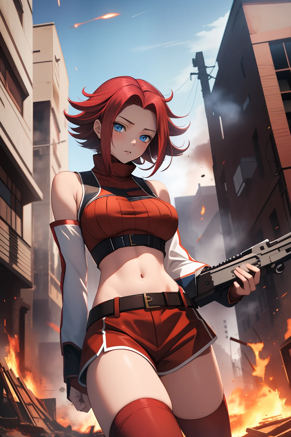 masterpiece, best quality, highly detailed, highres, hdr,
code geass, 1girl, solo, kallen stadtfeld,holding weapon, gun, holding gun, 
bare shoulders, midriff, (((brown sleeveless turtleneck))), red thighhighs, (((brown shorts))), red shirt, ((white detached sleeves)), clothing cutout, zettai ryouiki, white belt, red legwear,
blue eyes, large breasts, red hair, short hair,
cowboy shot, intense angle,
mksks style, beautiful background, detailed background, professional lightning, post-apocalypse, buildings, burning, fire, light particles,