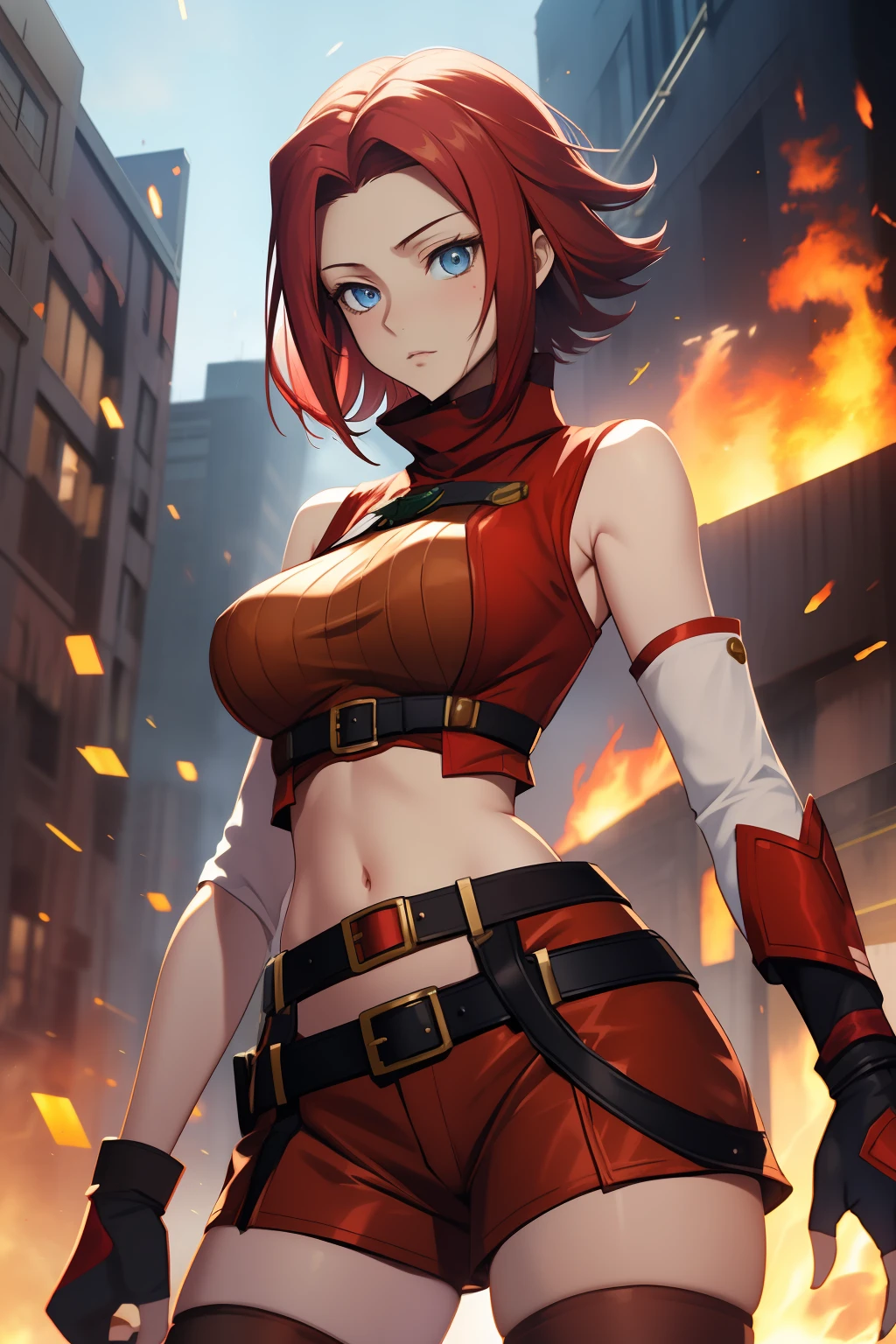 masterpiece, best quality, highly detailed, highres, hdr,
code geass, 1girl, solo, kallen stadtfeld,holding weapon, gun, holding gun,
bare shoulders, midriff, (((brown sleeveless turtleneck))), red thighhighs, (((brown shorts))), red shirt, ((white detached sleeves)), clothing cutout, zettai ryouiki, white belt, red legwear,
blue eyes, large breasts, red hair, short hair,
cowboy shot, intense angle,
mksks style, beautiful background, detailed background, professional lightning, post-apocalypse, buildings, burning, fire, light particles,