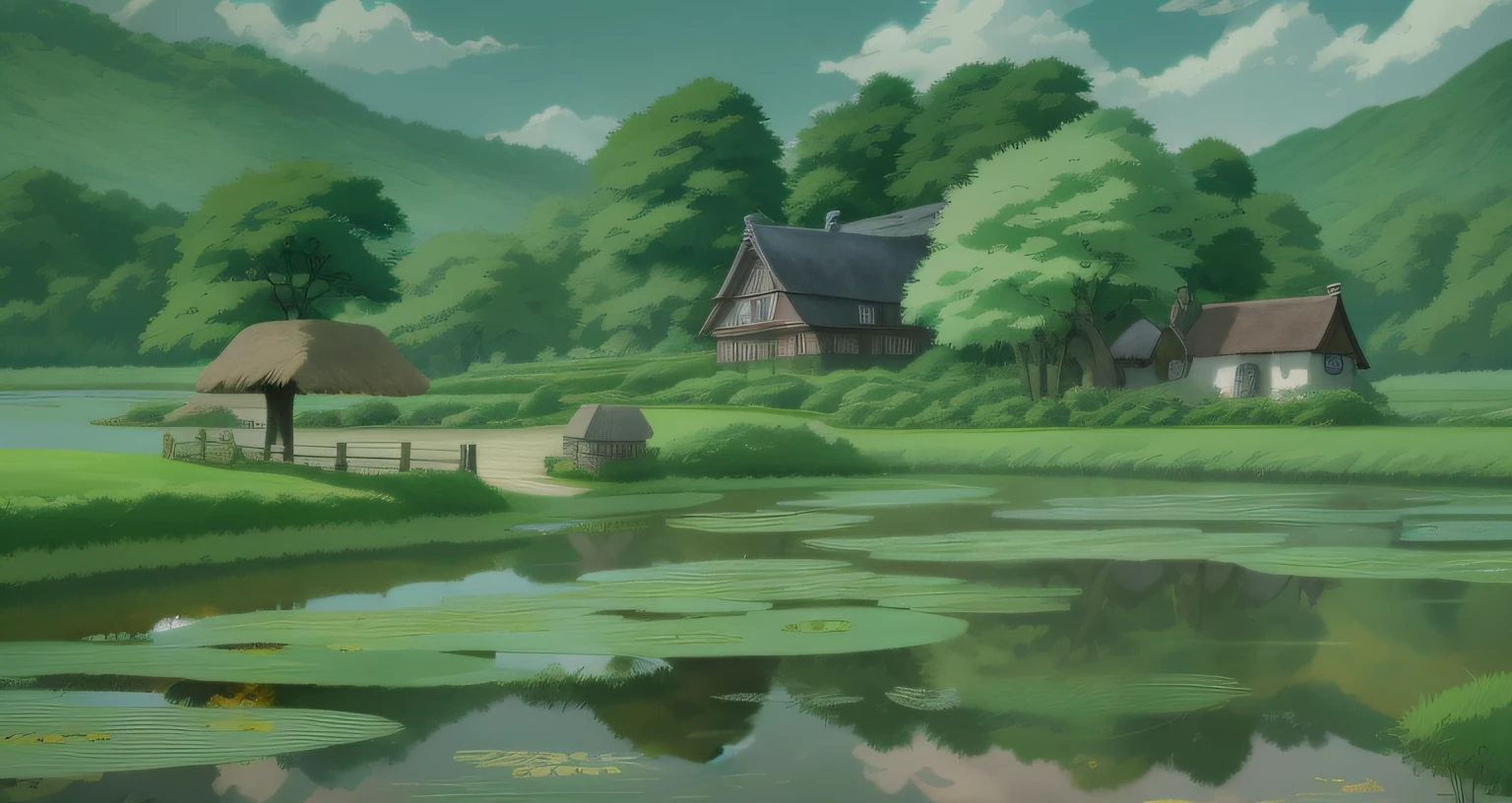 (tmasterpiece,best qualtiy), intricately details, 8K, art stations, the wallpaper, offcial art, splashart, tack sharp focus,Paint a farm with a pond and a thatched roof, View of Ghibli Studio, in style of hayao miyazaki, anime countryside landscape, Ghibli Studio Environment, Medium shot. author:hiyao miyazaki, Miyazaki movie scene, in style of hayao miyazaki, Miyazaki style, cinematic studio ghibli still, miyazaki's animated film